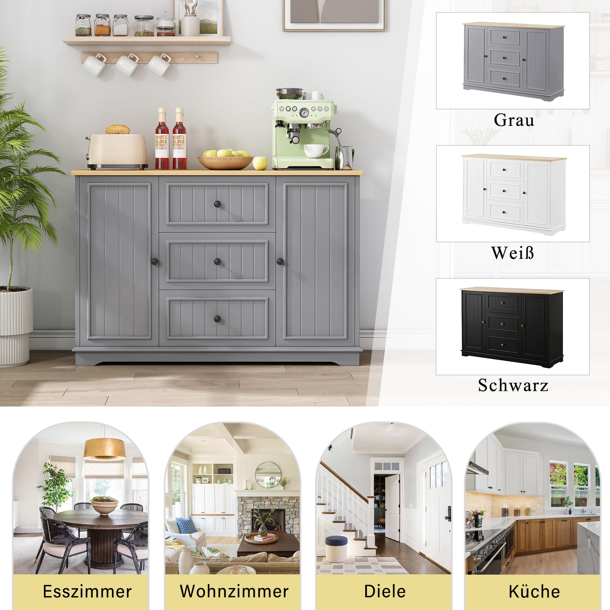 Aparador buffet con 3 cajones y puertas de frigorífico, versátil para salón, comedor y vestíbulo, color gris