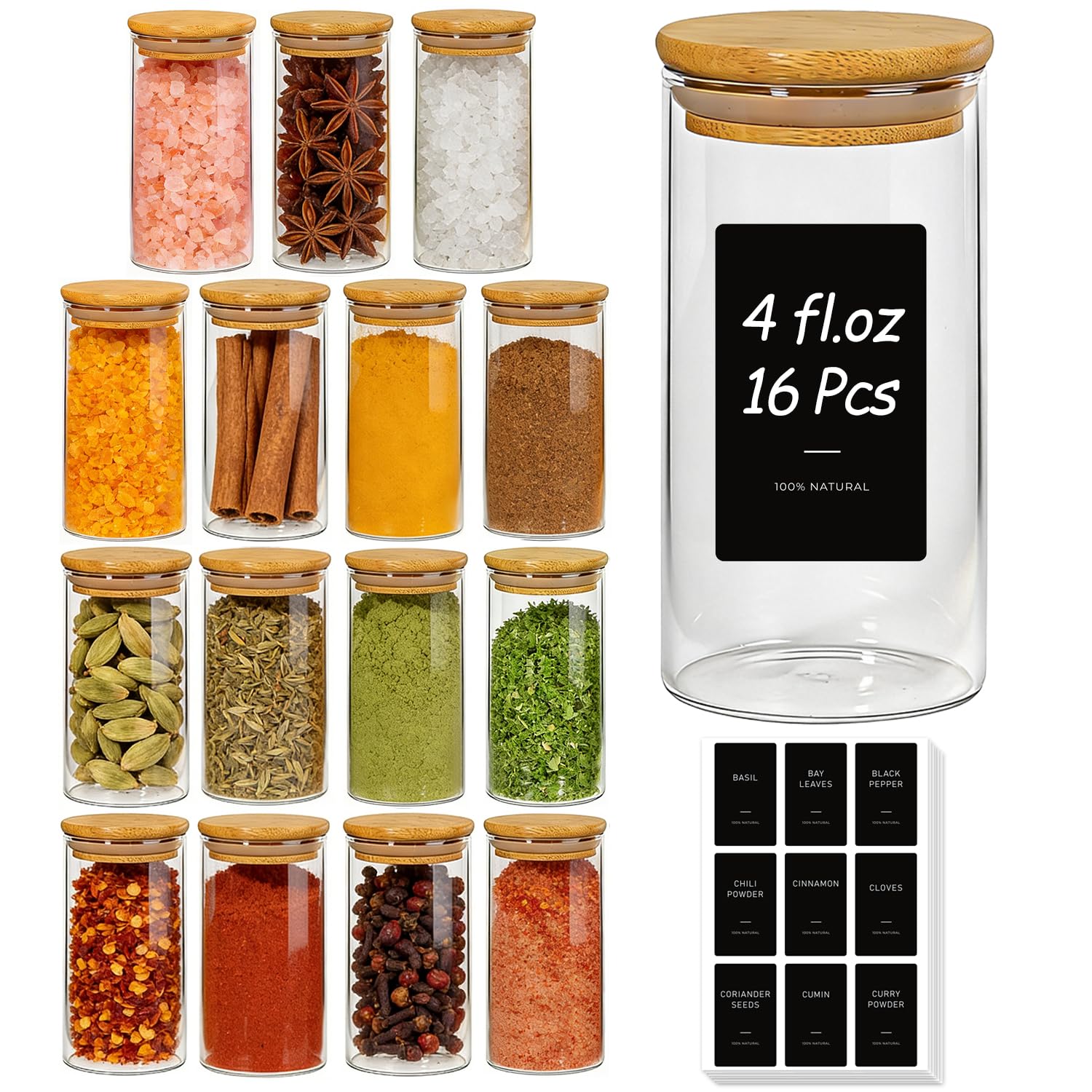 ComSaf Spice Jars with Label 4oz 16 Pack, Glass Spice Jars with Bamboo Lid, Small Seasoning Containers with 54 Black Labels, Stackable for Kitchen, Pantry Organization, Loose Tea, Herbs, Powders, Salt