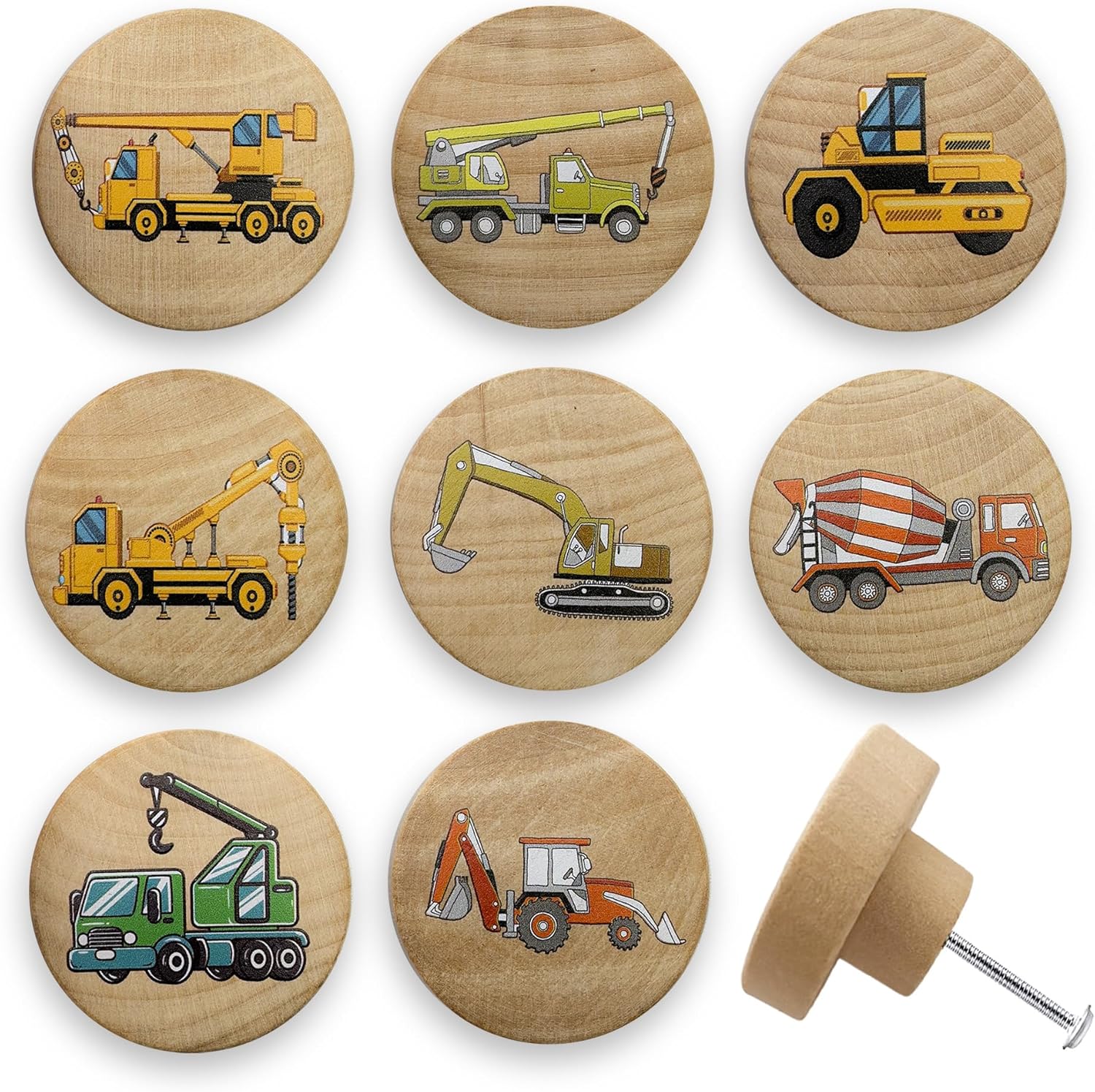 Set of 8 Wooden Boy Nursery Room Construction Vehicle Trucks Cabinet Door Furniture Dresser Drawer Knobs and Pulls Handles1.8 X 1.8 Inches