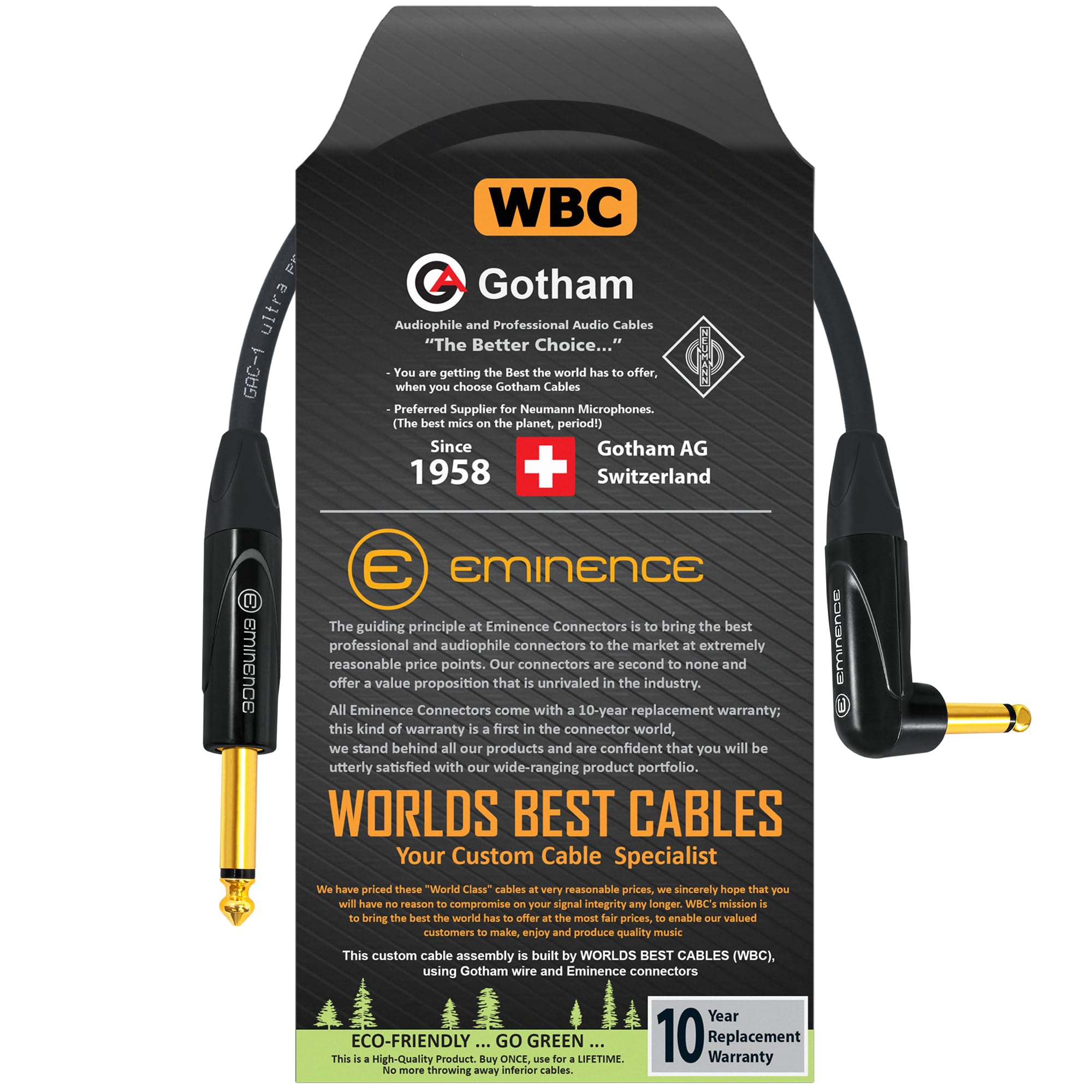 WORLDS BEST CABLES 1 Foot - Gotham GAC-1 Ultra Pro - Premium, Low-Capacitance Guitar Bass Instrument Cable - with Straight to Angled 1/4 Inch Eminence Gold Plated Connectors