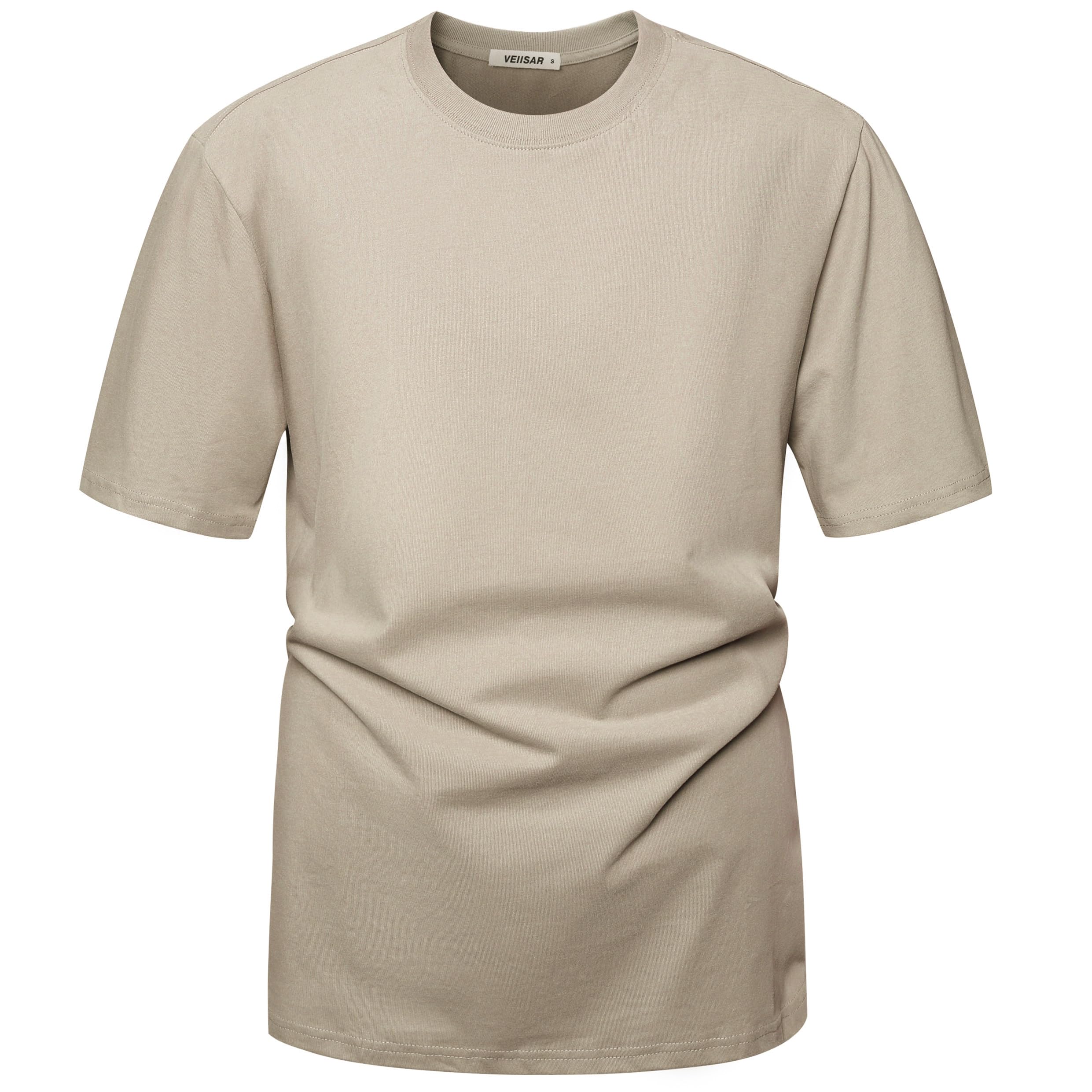VEIISAR Men's Thick Crew Neck Long Sleeve T-Shirt - Men's 100% Cotton Heavy Duty Pre Shrink T-Shirt L 2-Khaki Grey