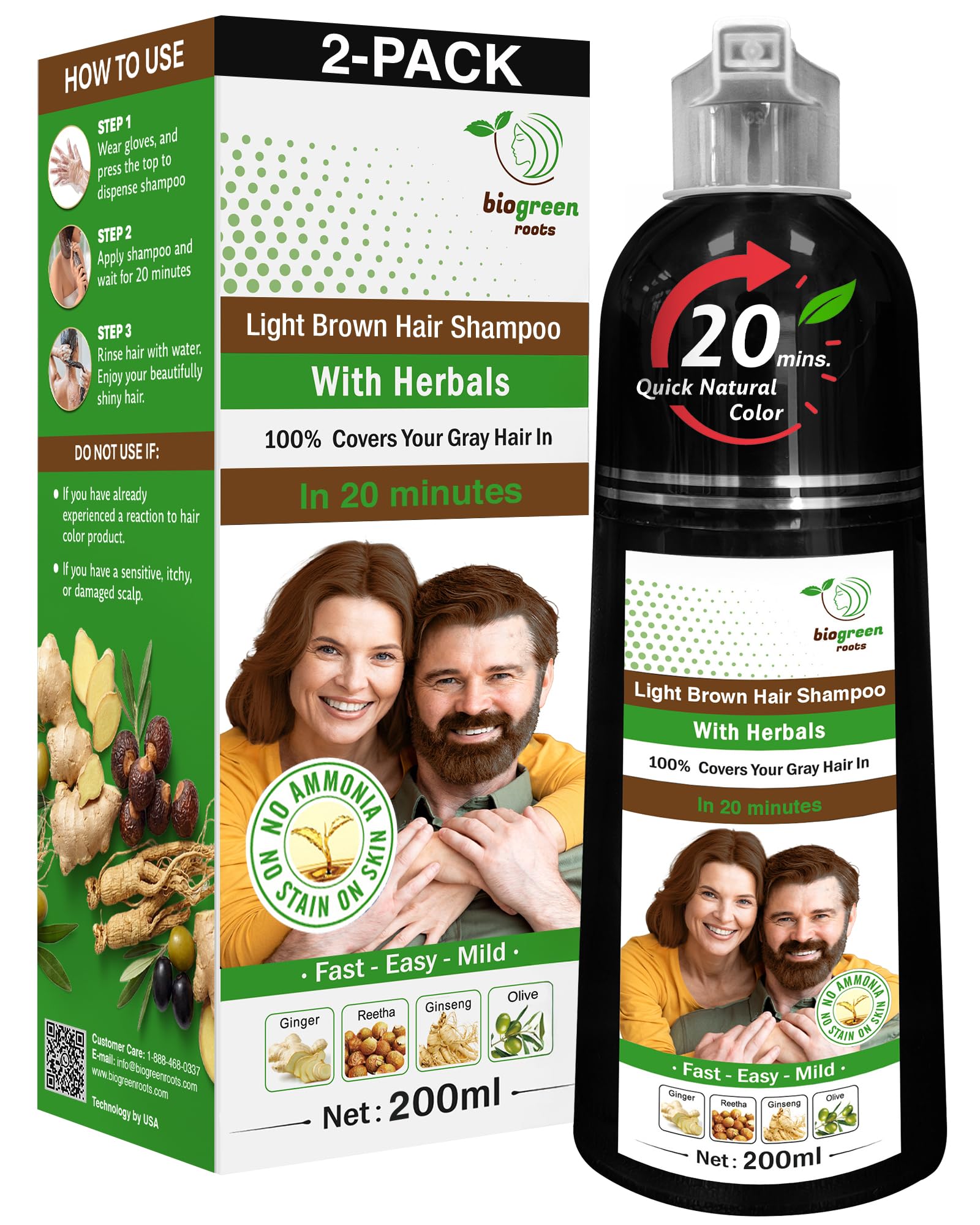 Biogreen Roots Ammonia-Free & Paraben-Free Herbal Hair Dye Shampoo for Women & Men – Natural Color Haircare Wash for Gray Coverage, Nourishing Shampoo