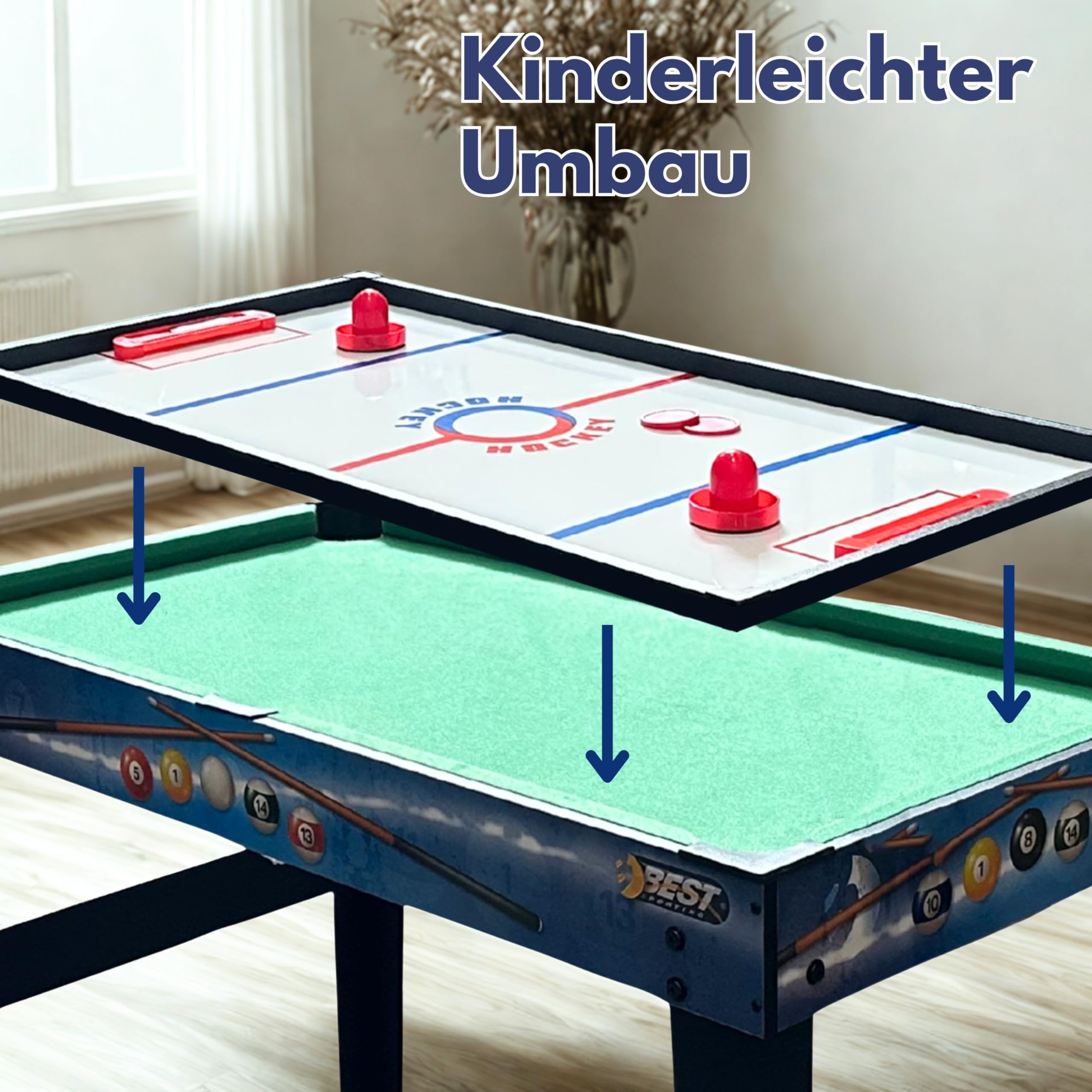 Best Sporting 10 in 1 Tischkicker, Spieltisch, Multifunktionstisch für Kinder & Erwachsene - inkl. Air Hockey, Tischtennis, Billardtisch, Tischfußball, Shuffleboard, Schach & Zubehör