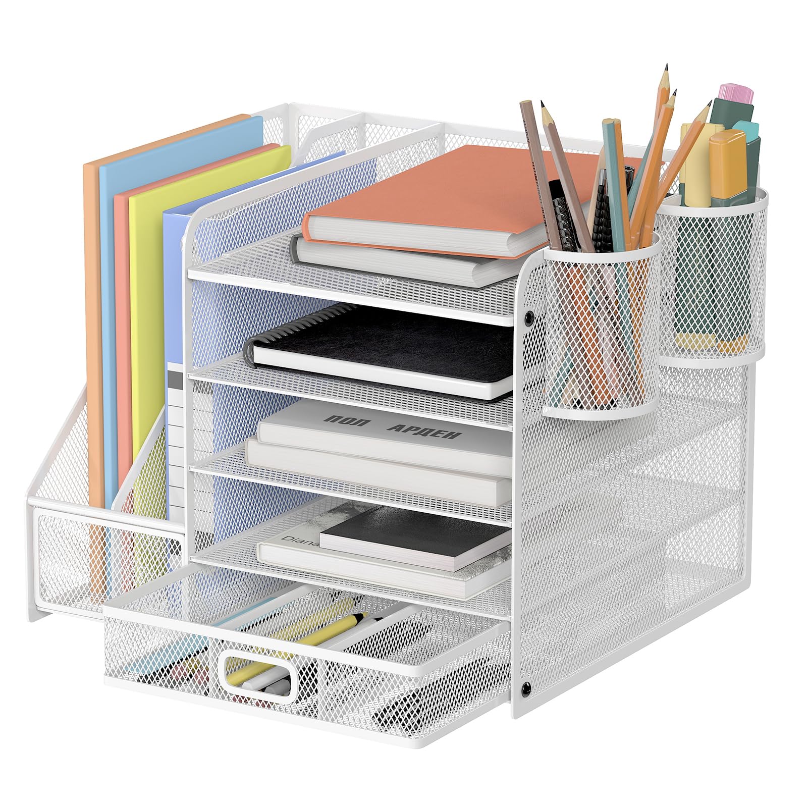 Youyijia 5-stufiger Mesh-Schreibtischorganizer mit Schublade - Aufbewahrungslösung für Büro- & Kunstbedarf, Dokumente, Stifte, Zeichenpapier & Zeitschriften, platzsparend (weiß)