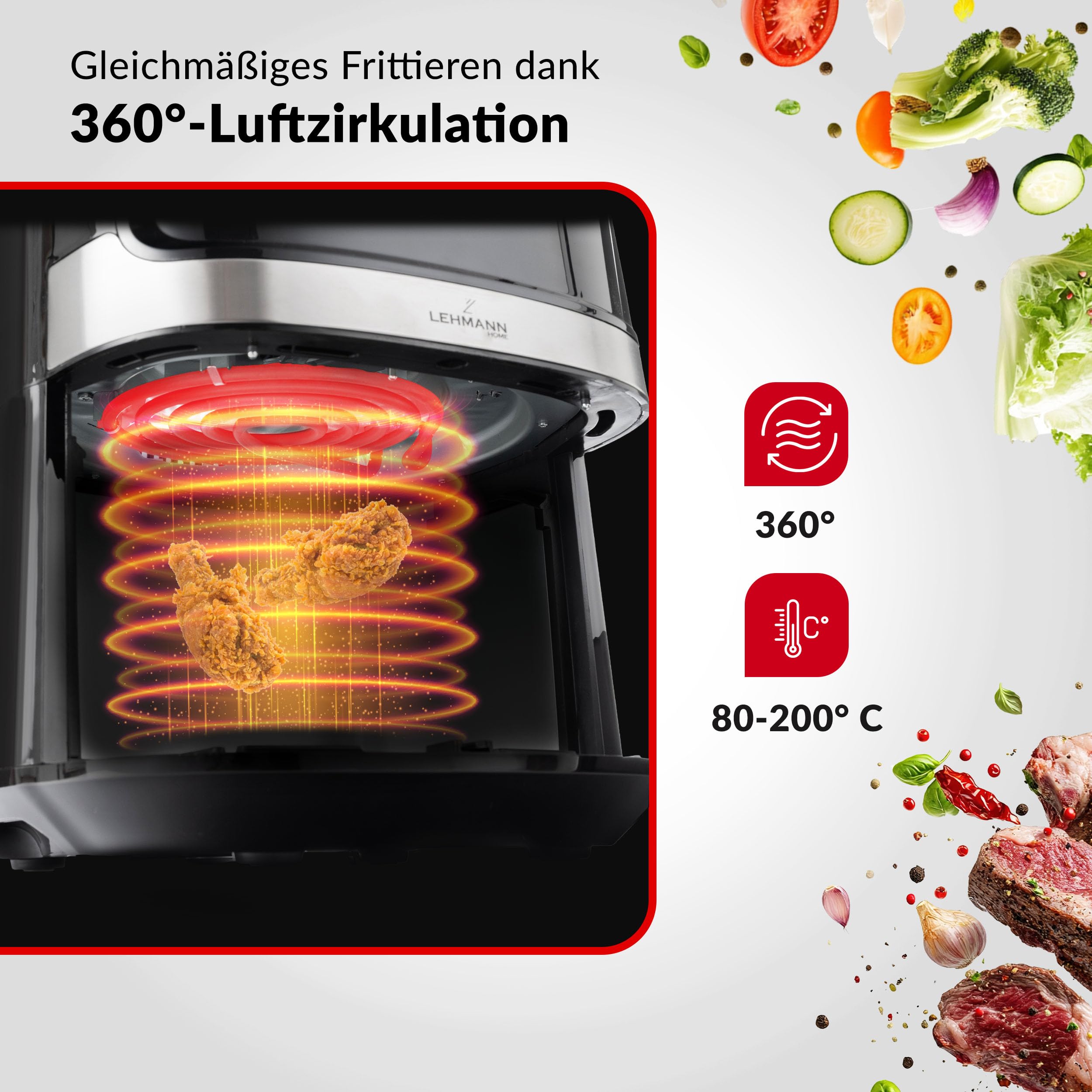 LEHMANN Heißluftfritteuse XL 6,5L, 8 Programme, Große Metallkammer, Digitales Display, Timer, Antihaftbeschichtung, Spülmaschinenfester Korb, 80-200°C, Air Fryer ohne Öl für Familie