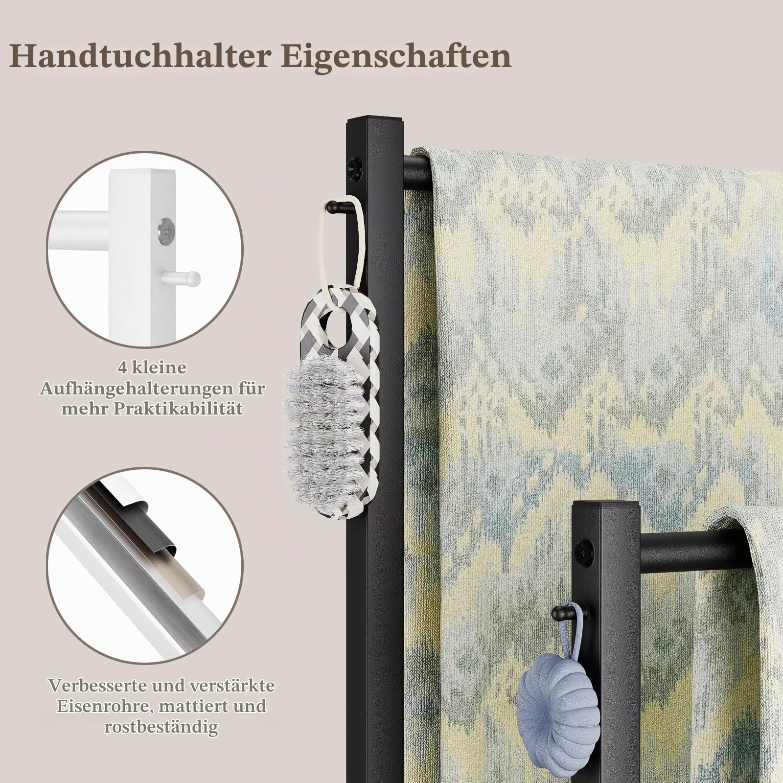 Yawinhe 80cm Handtuchständer Freistehend mit 2 Handtuchstangen,Schwarz