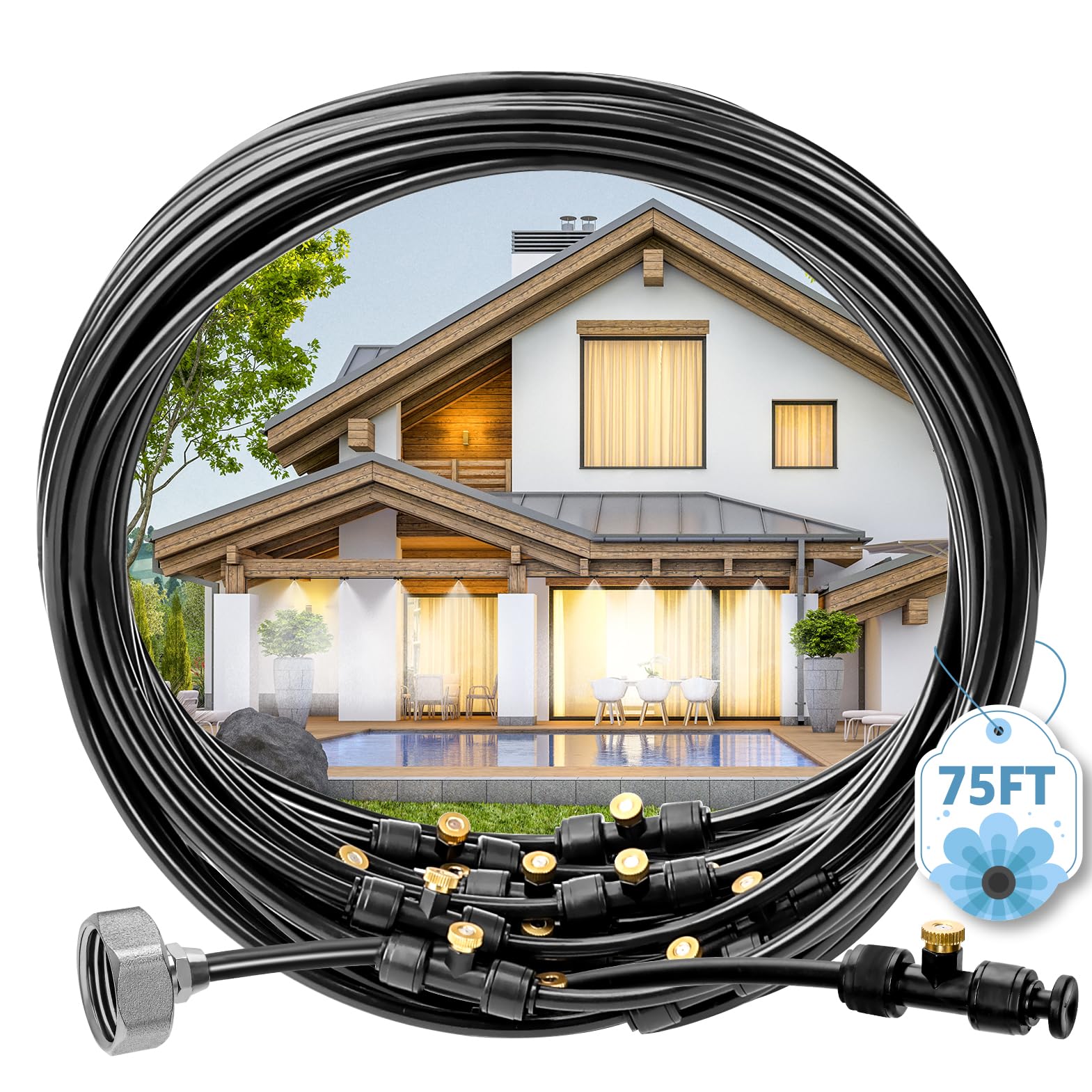 Misters for Outside Patio, 75FT Misting Cooling System for Patio, 75FT (23M) Misting Line+28 Mist Nozzles+3/4" Brass Adapter,Outdoor Mister System for Patio Garden Greenhouse Trampoline for waterpark