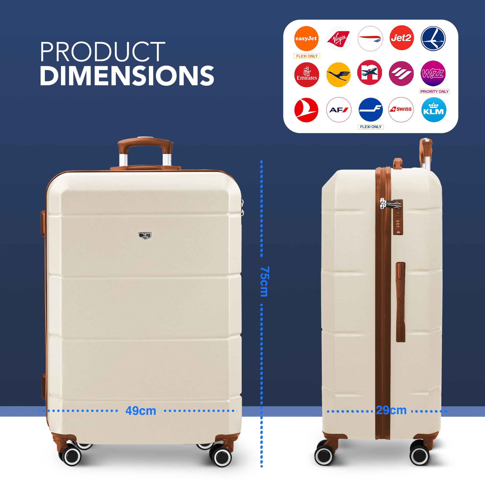 LUGG 28 Inch Jetset Suitcase Hard Shell Case 4 Wheel Travel bag Lightweight ABS Material with TSA Lock Approved for Travel with easyJet, British Airways, RyanAir, Virgin Atlantic, Emirates(75x49x29cm) — view 2