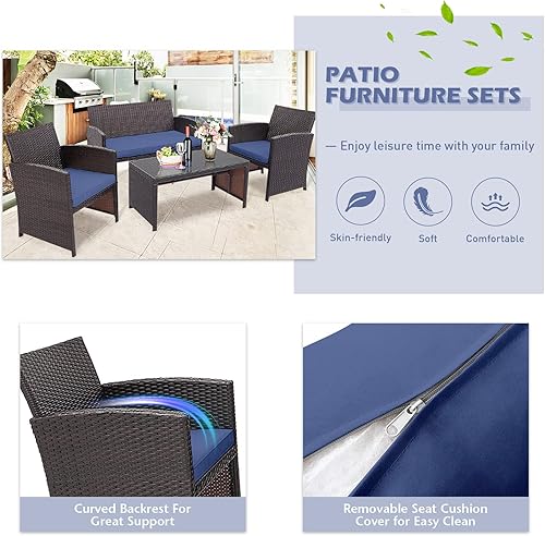 Miniatura 3 de RELAX4LIFE Juego de muebles de patio de 4 piezas con cojines, juego de conversación de patio con sillas, sofá biplaza y mesa de centro de vidrio