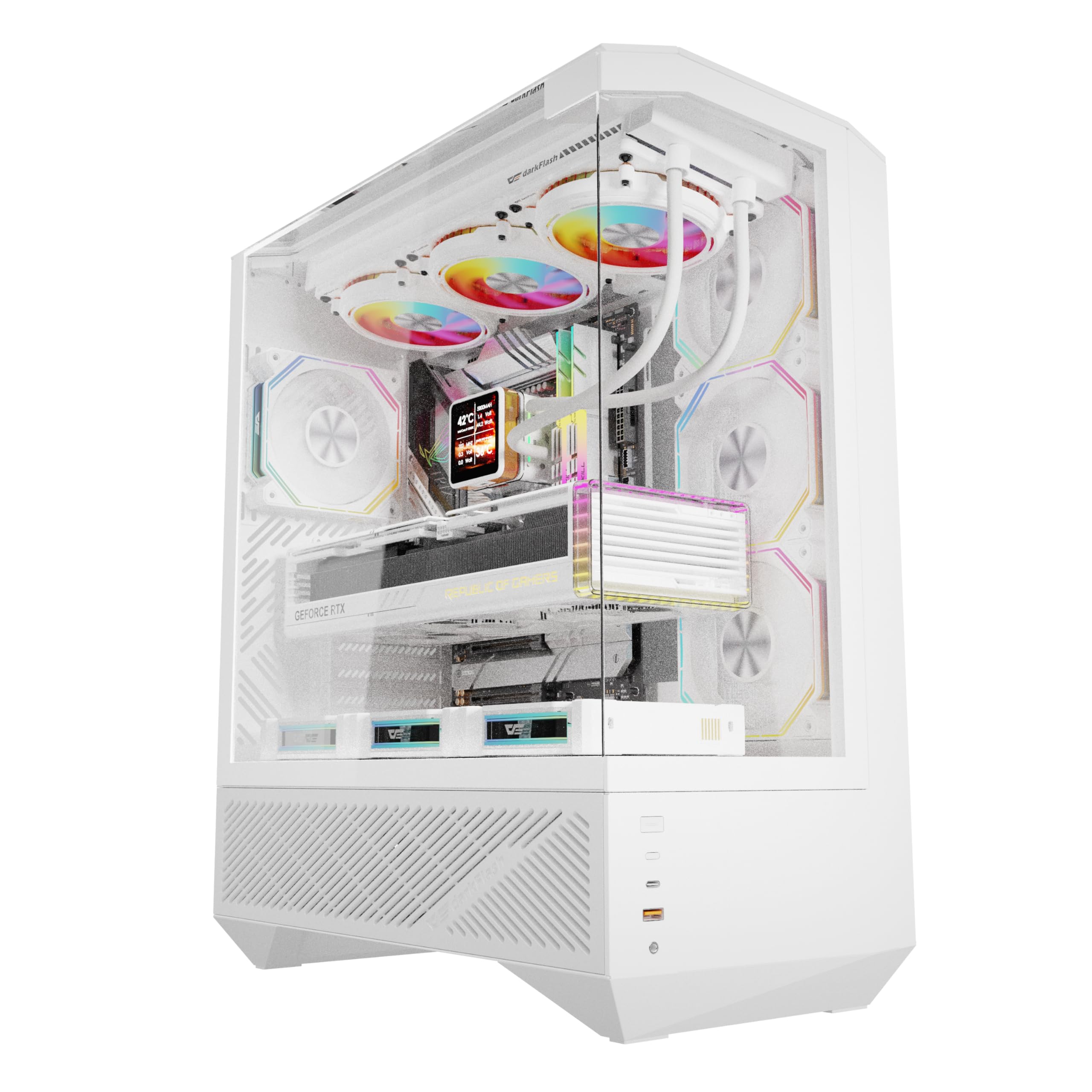 DarkFlash DY460 czarna obudowa do komputera gamingowego ATX/M-ATX/ITX i 4 fabrycznie zainstalowane wentylatory ARGB, szkło hartowane 330°, maksymalna odległość GPU 400 mm, obsługuje grzejniki 360 mm