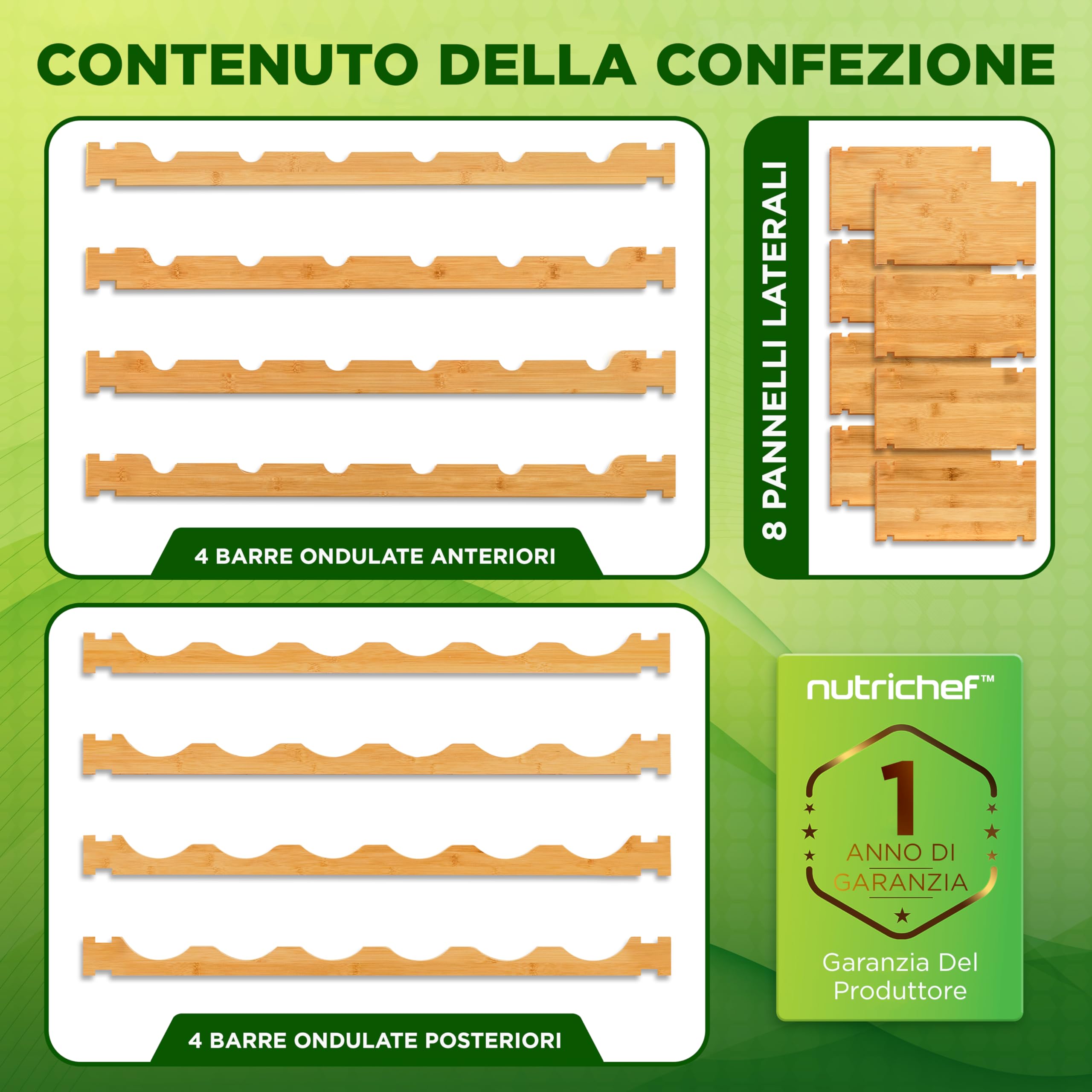 NutriChef Portabottiglie Vino Modulare in Bambù, Cantinetta Vino Legno Impilabile a 4 Ripiani per 24 Bottiglie Formato Magnum (Diametro 10 cm), Design a Croce 2x
