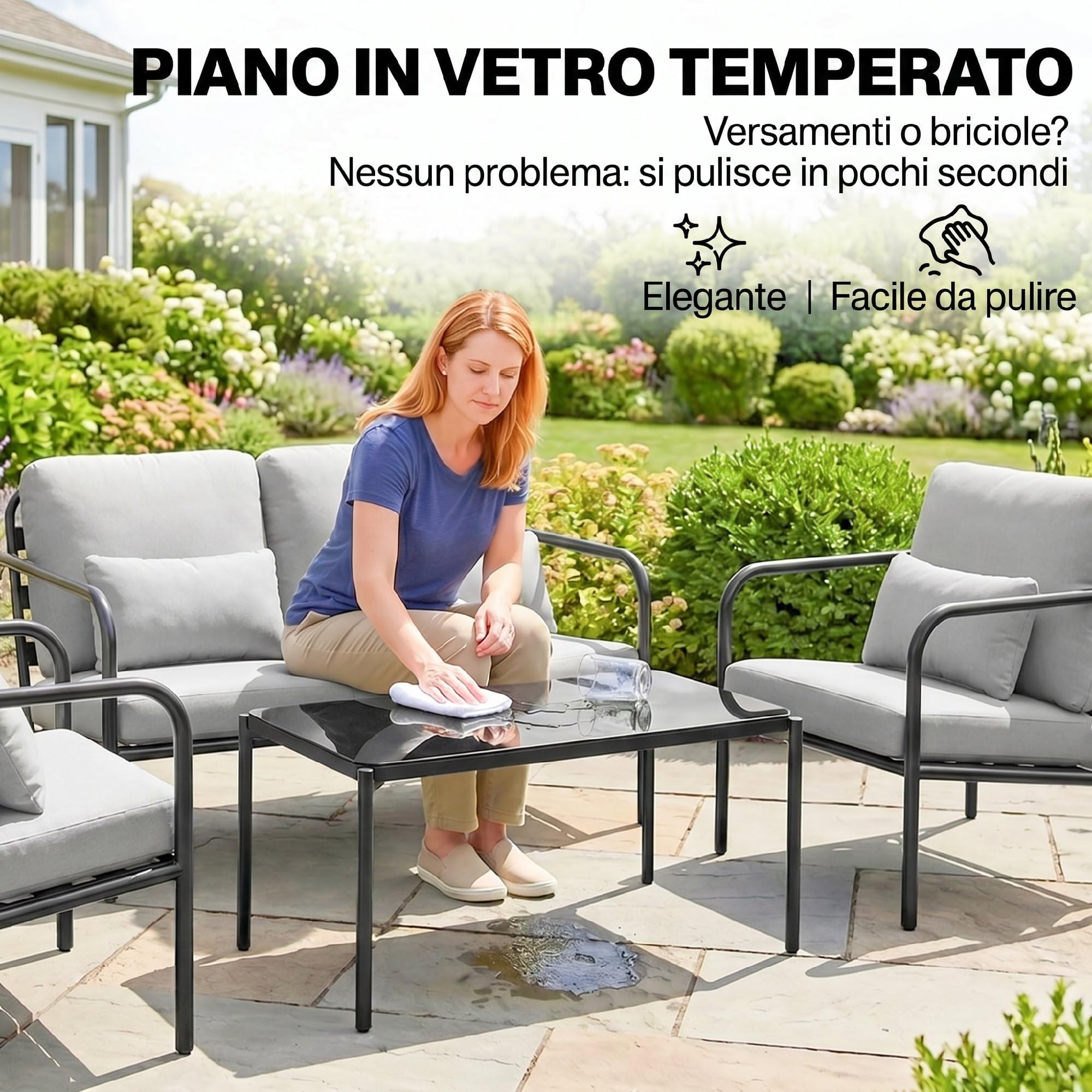 Outsunny Set Salotto da Giardino 4 Pezzi, Acciaio, Divano 2 Posti, Poltrone, Tavolino Vetro, Cuscini, Grigio Chiaro