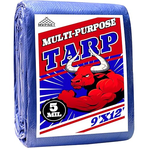 Tarp 9x12 ft 100% Waterproof Uv Resistant High Durability Multipurpose 5mil Blue Tarp for Covering Courtyards, Cars, Camping, Gardens, Pet Nests -by MVPNET
