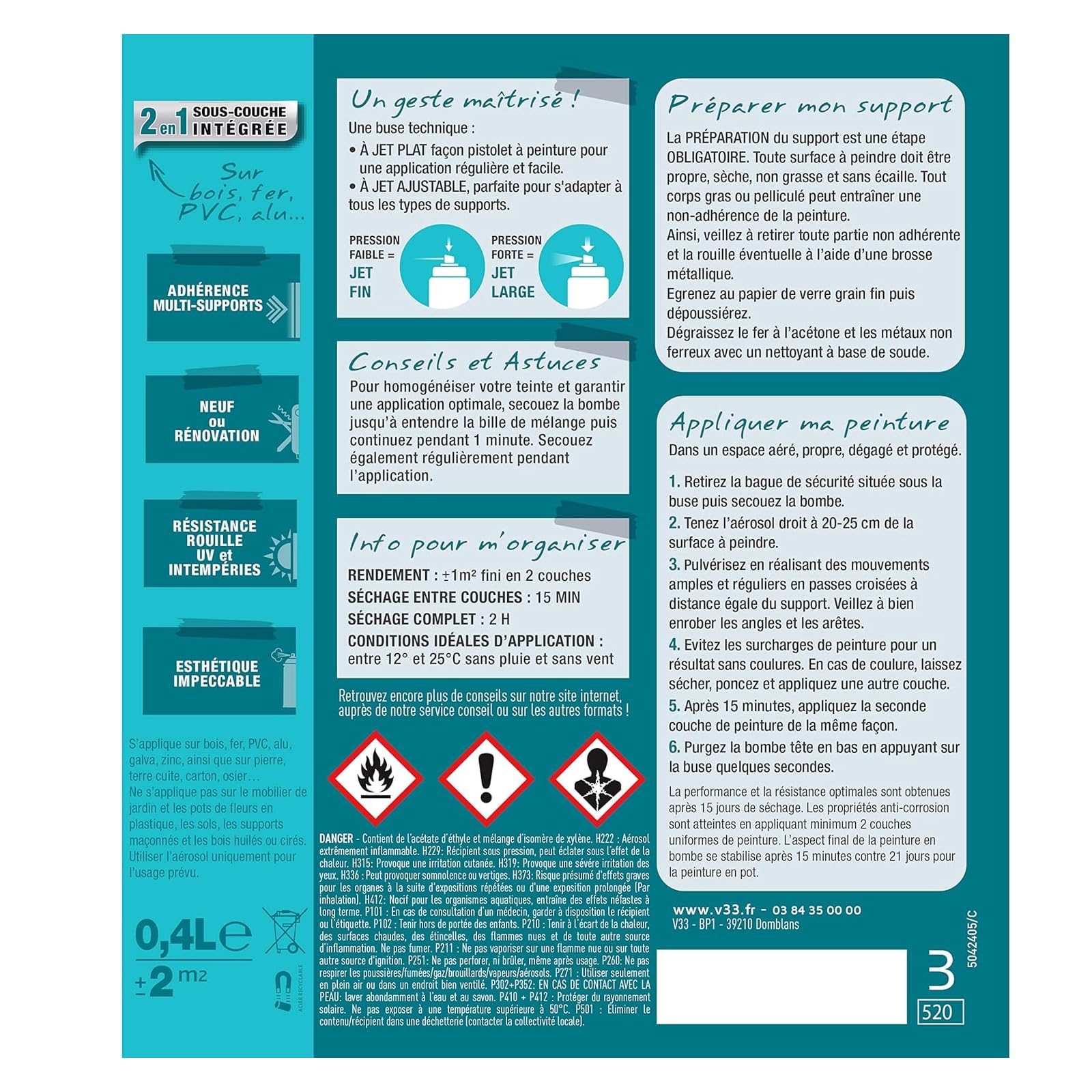 V33 Aérosol Peinture Extérieure Multi-matériaux Antirouille RAL 7016 Anthracite Poudré 400ml