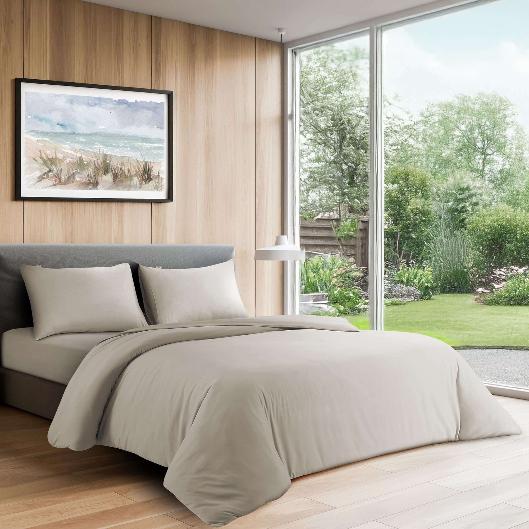 LYMA Complete Bedding Set Double Plain Duvet Cover, Fitted Sheet & 2 Pillow Cases 50x75CM, OEKO-TEX Certified, Ultra Soft NanoPlush Double Brushed, Button Closure, Wrinkle Fade Resistant (Beige)