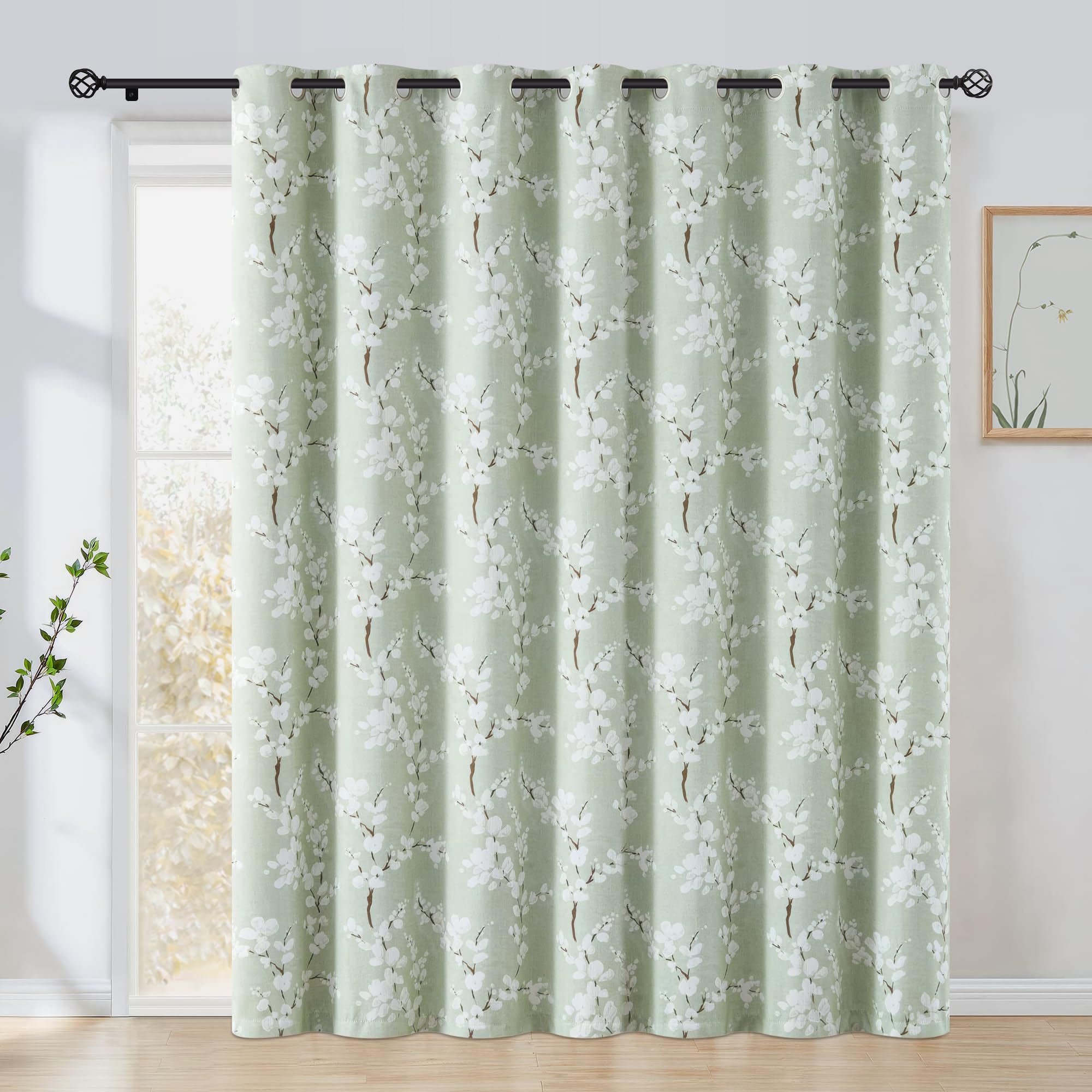 FMFUNCTEX 100% Blackout Sliding Door Curtains for Living Room, Green Floral Print Extra 100 Wide Window Curtain Panels for Sliding Glass Door, Thermal