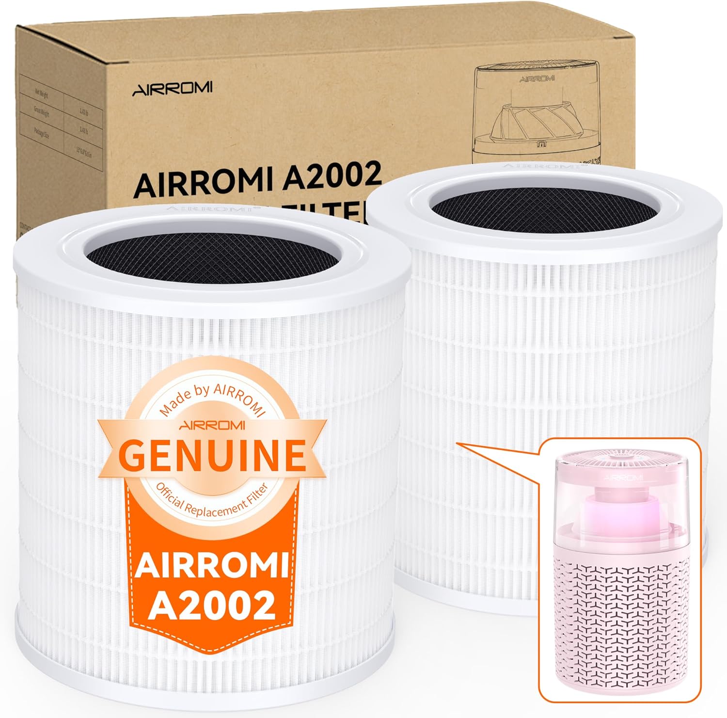 AIRROMI A2002 HEPA Air Purifier Replacement Filter, 3-In-1 Original Filter, Remove 99.97% of 0.3 Micron Particle 2 Pack White Activated Carbon
