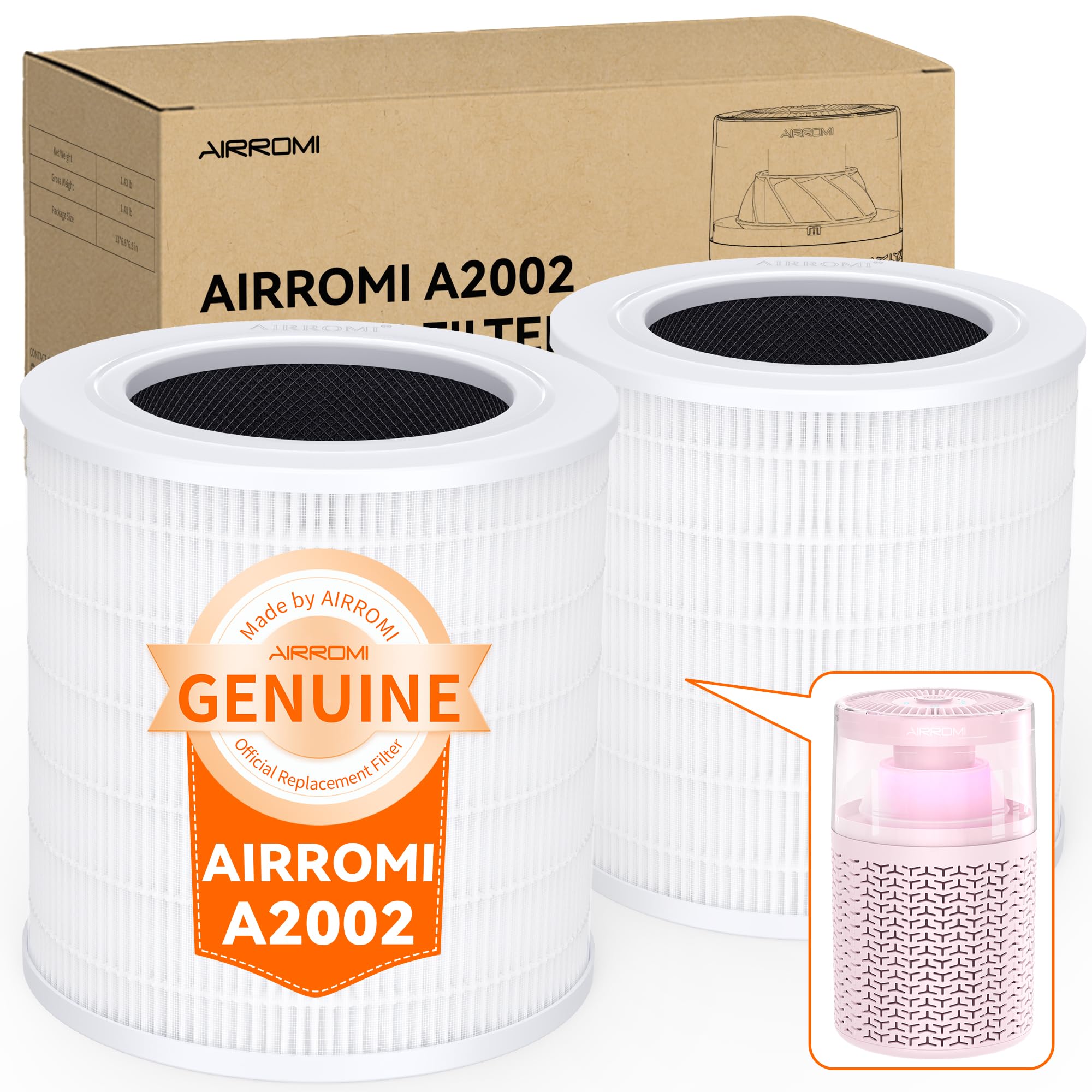 AIRROMI A2002 HEPA Air Purifier Replacement Filter, 3-In-1 Original Filter, Remove 99.97% of 0.3 Micron Particle 2 Pack White Activated Carbon