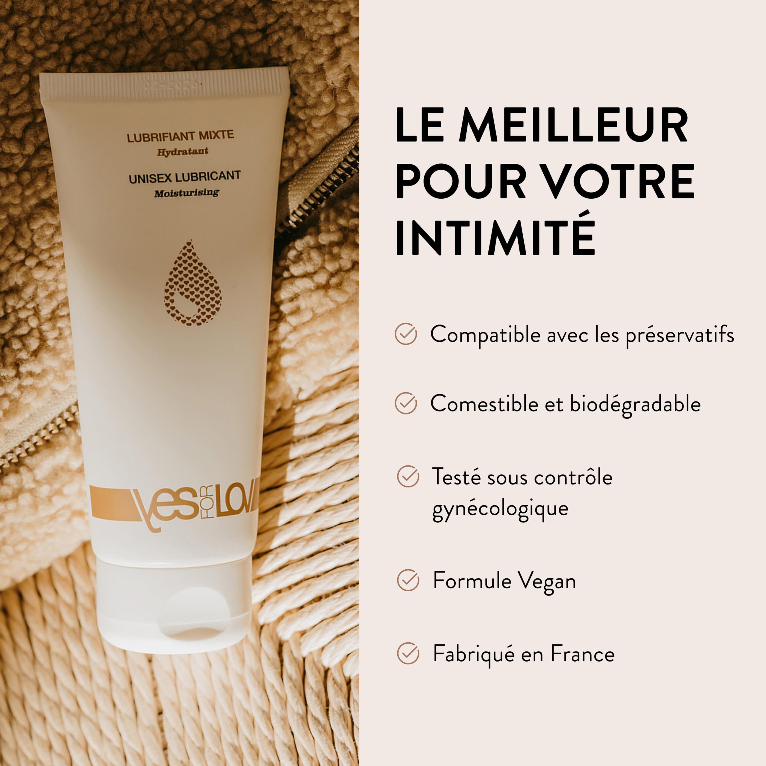 YESforLOV Lubrifiant Naturel Hydratant à Base d’Eau - Gel Lubrifiant Intime Enrichi en Acide Hyaluronique - Hypoallergénique, Non Collant, Sans Parfum - Fabriqué en France - 100 ml.
