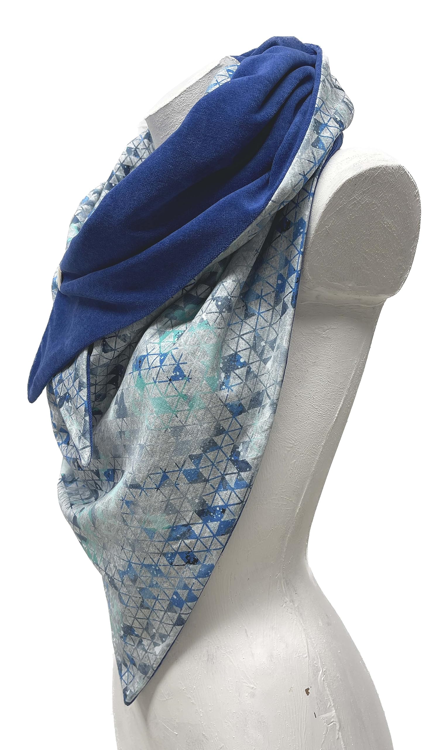handmade - XXL Dreieckstuch in Blau & Grau – doppellagig mit Nicki | weiches Halstuch für Herbst, Winter & Übergangszeit