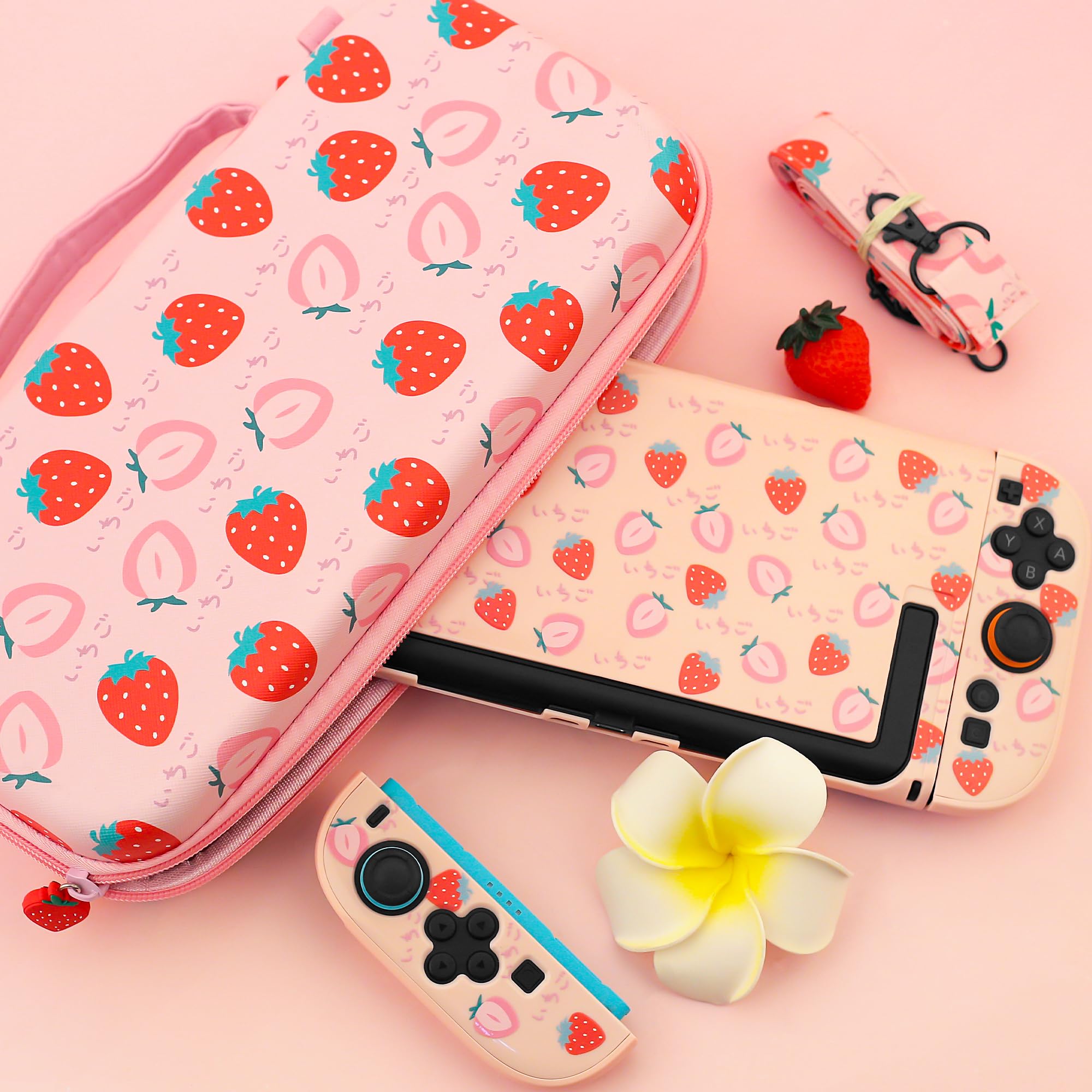 GLDRAM Custodia da trasporto rosa fragola per Nintendo Switch 2 (2025), set di accessori da ragazza carino con borsa da viaggio, custodia protettiva rigida in PC, pellicola protettiva, impugnature per