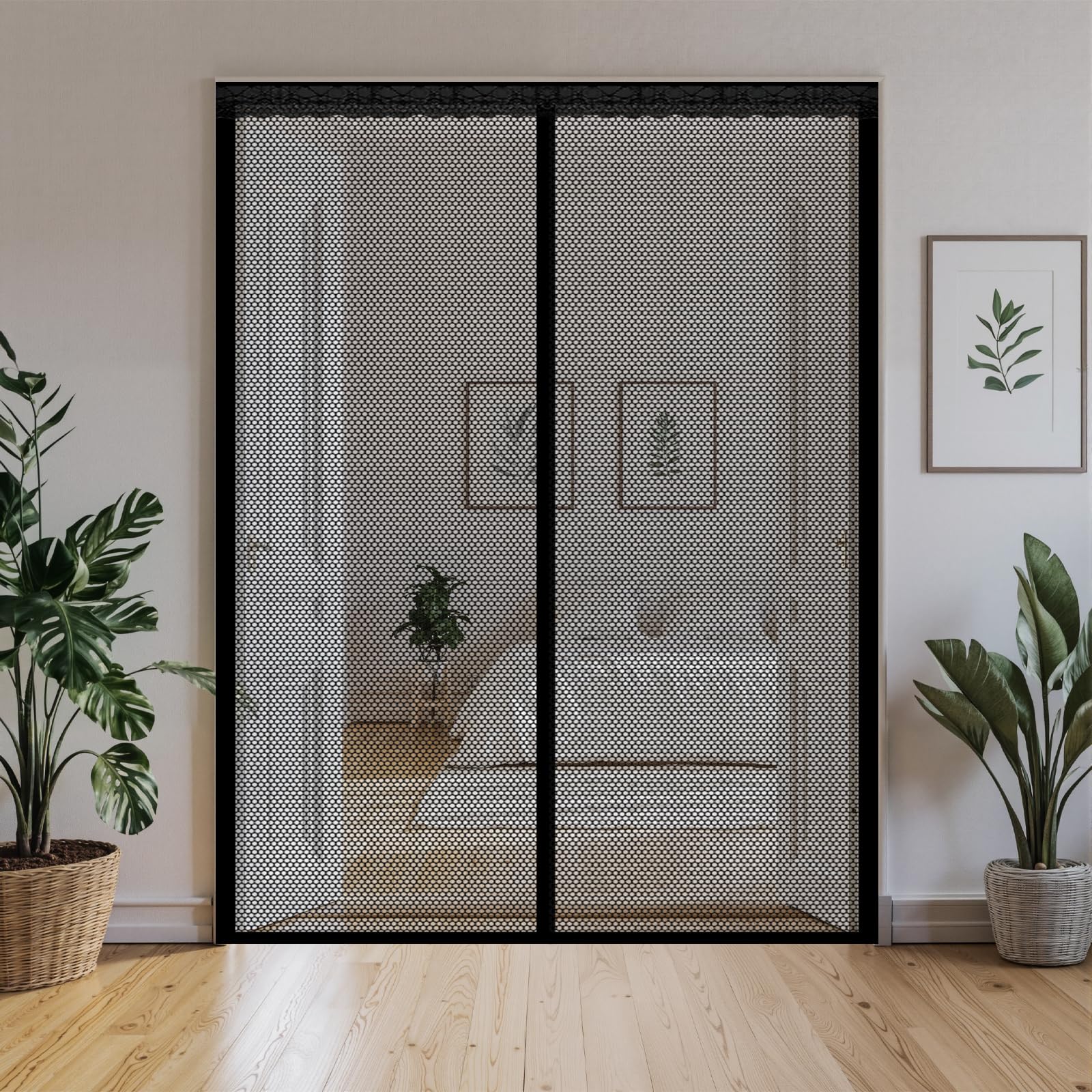 Fly Screen Door 140 x 245 cm Self Sealing Powerful Magnets Fly Insect Screen Door with Powerful Magnets & Full Frame Magic Tape Suitable for Patio Doors Balcony Bedroom, Black
