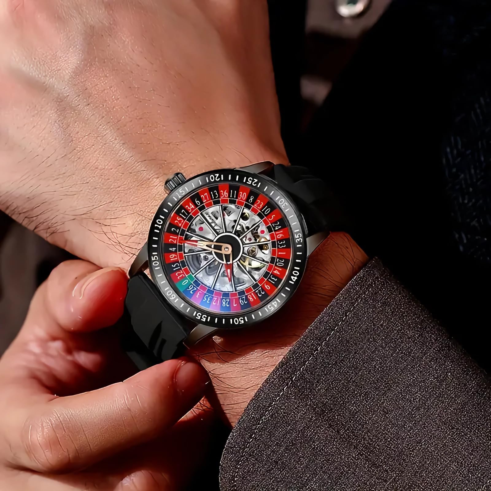 MASTOP Roulette Wheel Reloj mecánico automático para Hombre con Esfera giratoria y Esqueleto Hueco de Acero Inoxidable Impermeable