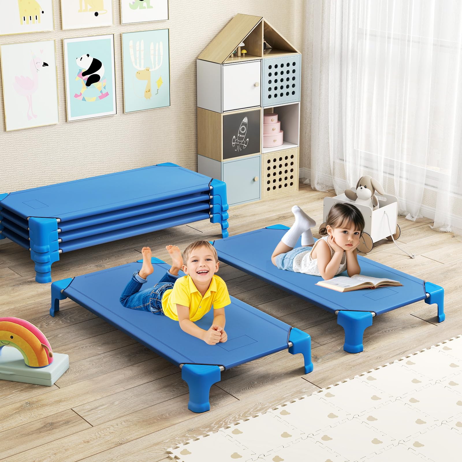 Costzon Daycare Cots for Kids, 6 PCS Space-Saving Stackable Cots w/Sturdy Metal Frame, Comfy Oxford Cloth, Easy Assembly Required, Portable Nap Cots for Preschool (53