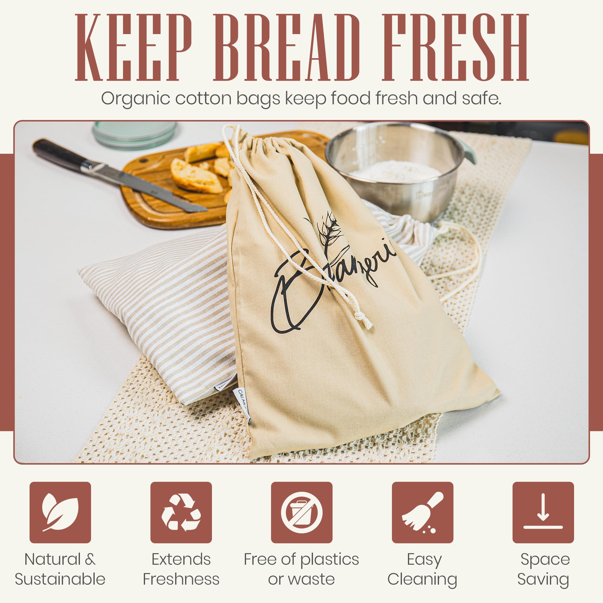 2er-Pack wiederverwendbare Brotbeutel für selbstgemachtes Brot mit herausnehmbaren Silikoneinsätzen zur Aufbewahrung von Sauerteig & Erzeugnissen zur Verlängerung der Frische. Natürliche, vielseitige