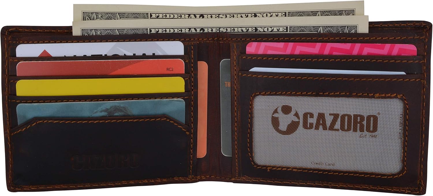 Personalized 100% RFID Men's Slim Classic Bifold Credit Card ID Vintage Leather Wallet (RHU Brown)