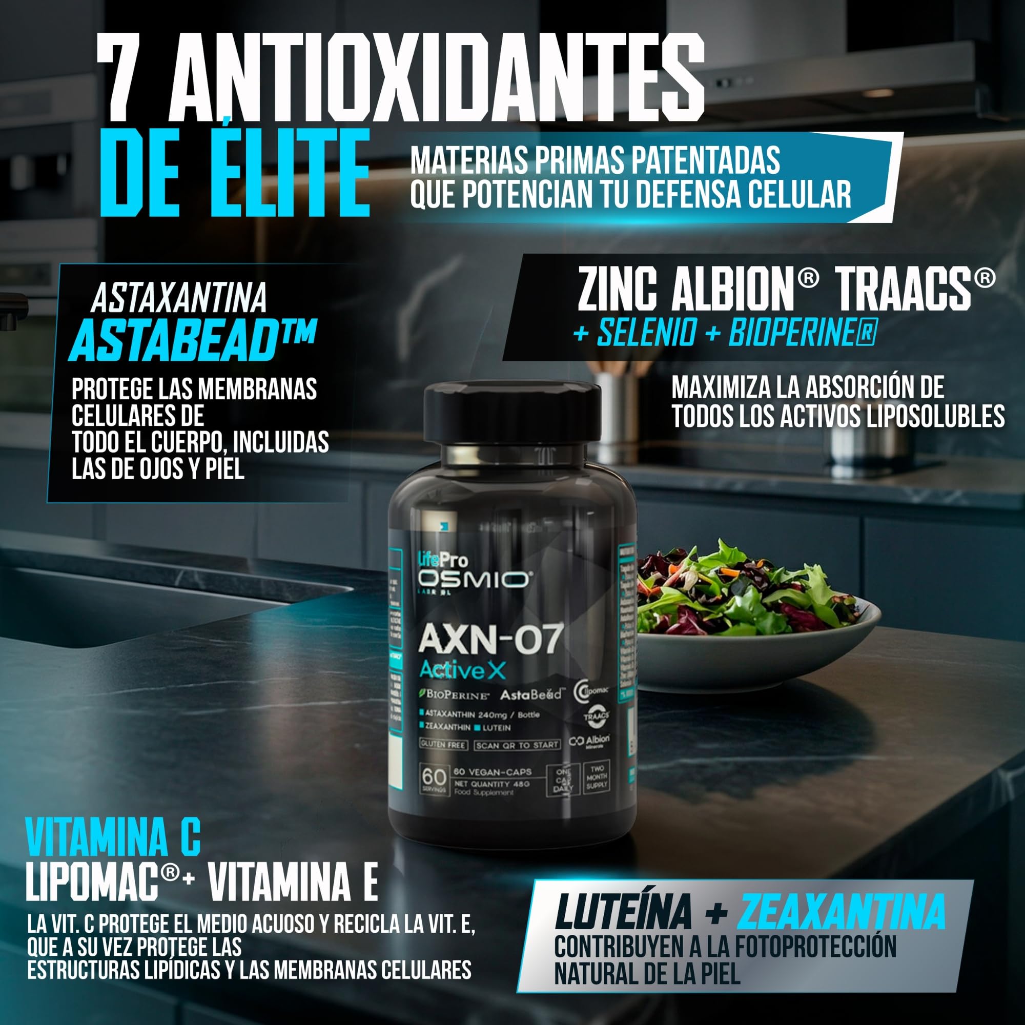 Life Pro Osmium Astaxanthin Axn-07-60 Vegancaps - Integratore di astaxantina con luteina, zeaxantina, vitamine e minerali per una dieta vegana