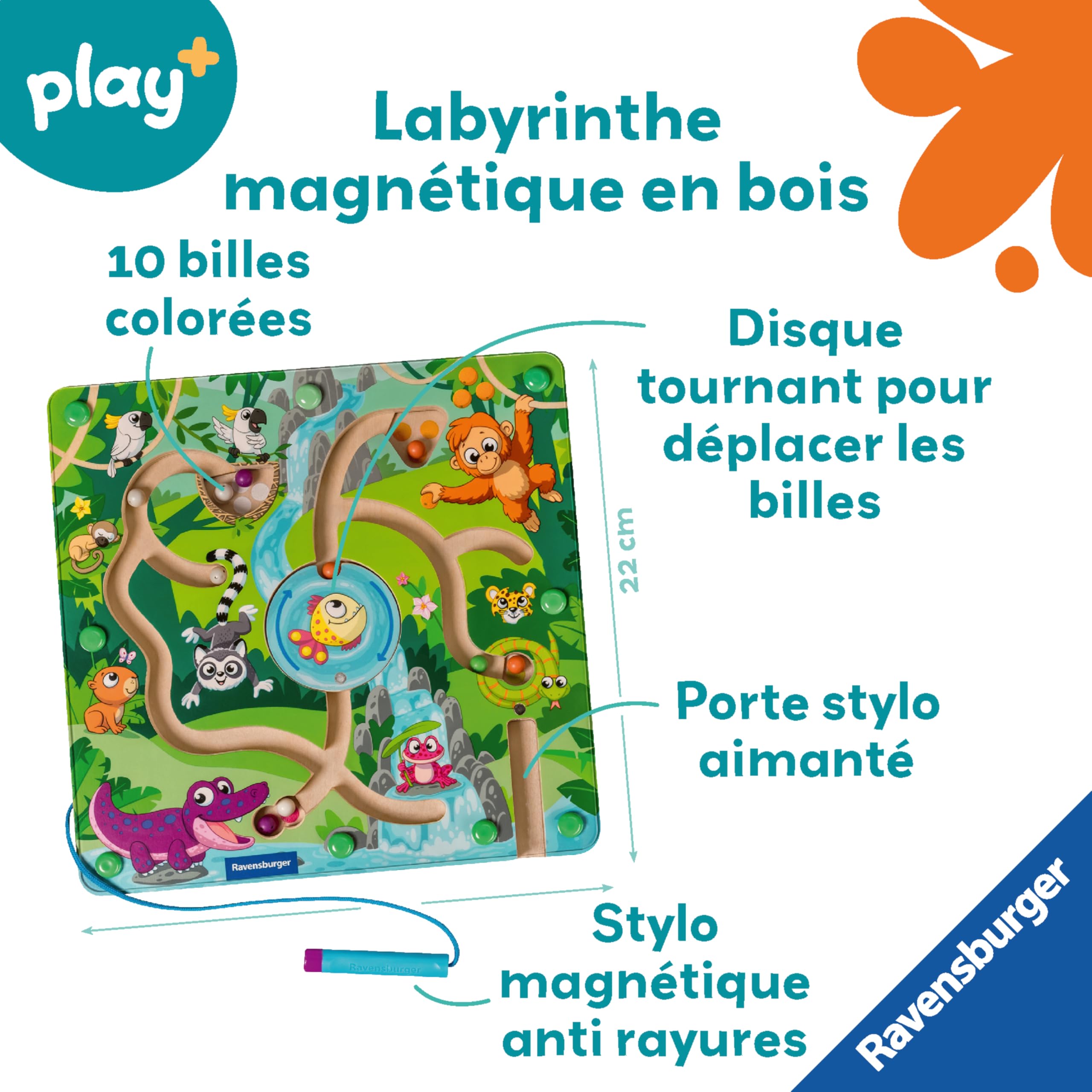 Ravensburger -Play + - Drewniany Labirynt magnetyczny w dżungli - Od 18 miesięcy - Wersja francuska - 34018