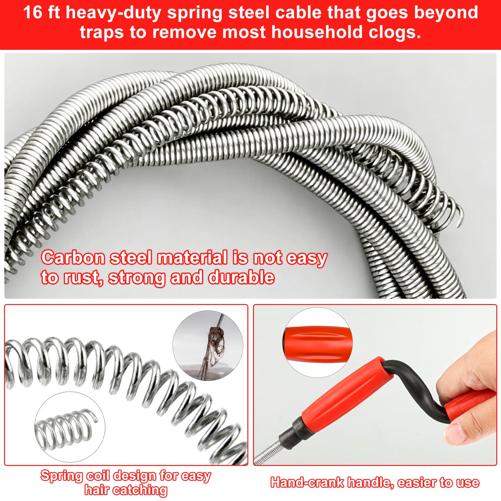 Sonda Sturatubi con 1 paio di Guanti, 5 m x 9 mm Stura Lavandini e Scarichi Professionale Dispositivo Flessibile per Pulizia Tubazioni Stura Tubi di Scarico Molla Sturatubi di WC, Bagno, Cucina
