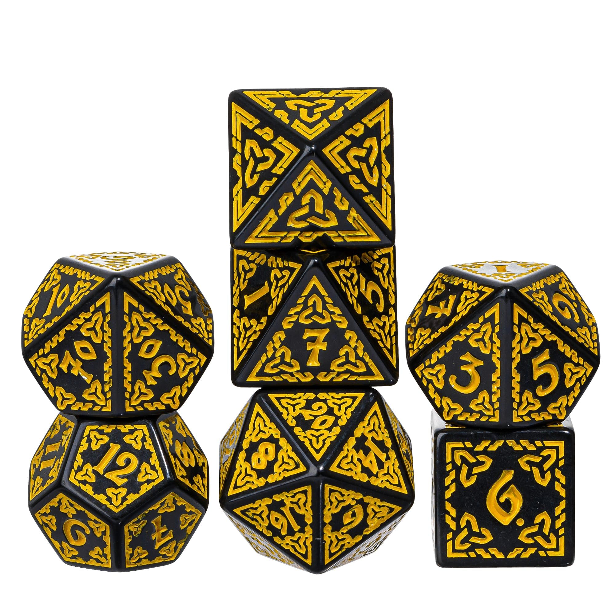 Poludie 7 Pcs Dice DND, Celtic Knot Polyhedral Dice Set D&D Dice/Dice Bag for Dungeons and Dragons Role Playing Dice Games RPGs (Black Yellow)