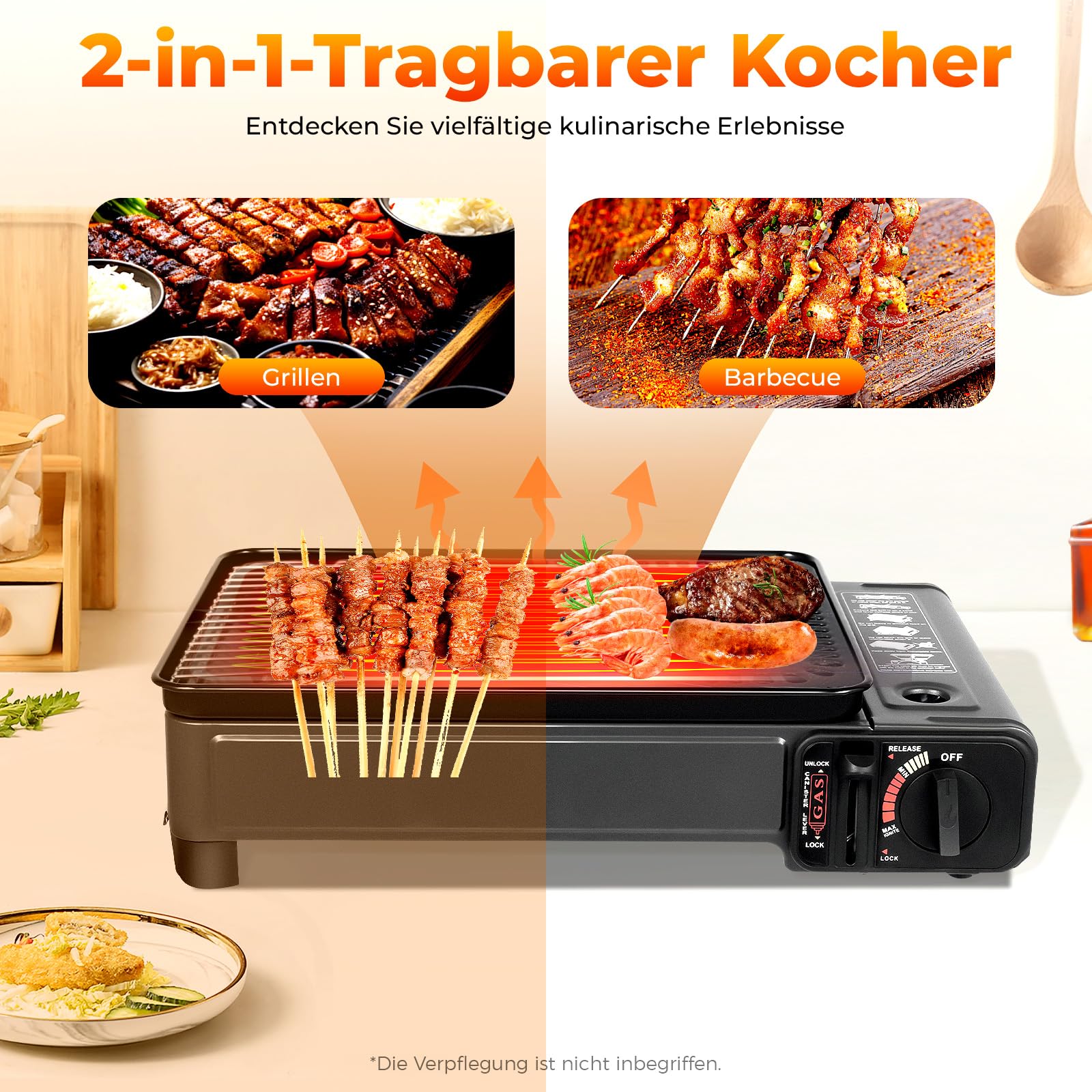 Camping Gasgrill, 2-in-1 Tragbarer Tischgrill mit Tragetasche, Abnehmbarer Grillplatte, Gaskocher für Kartuschen, Campingkocher für Outdoor BBQ, Terrasse und Reisen
