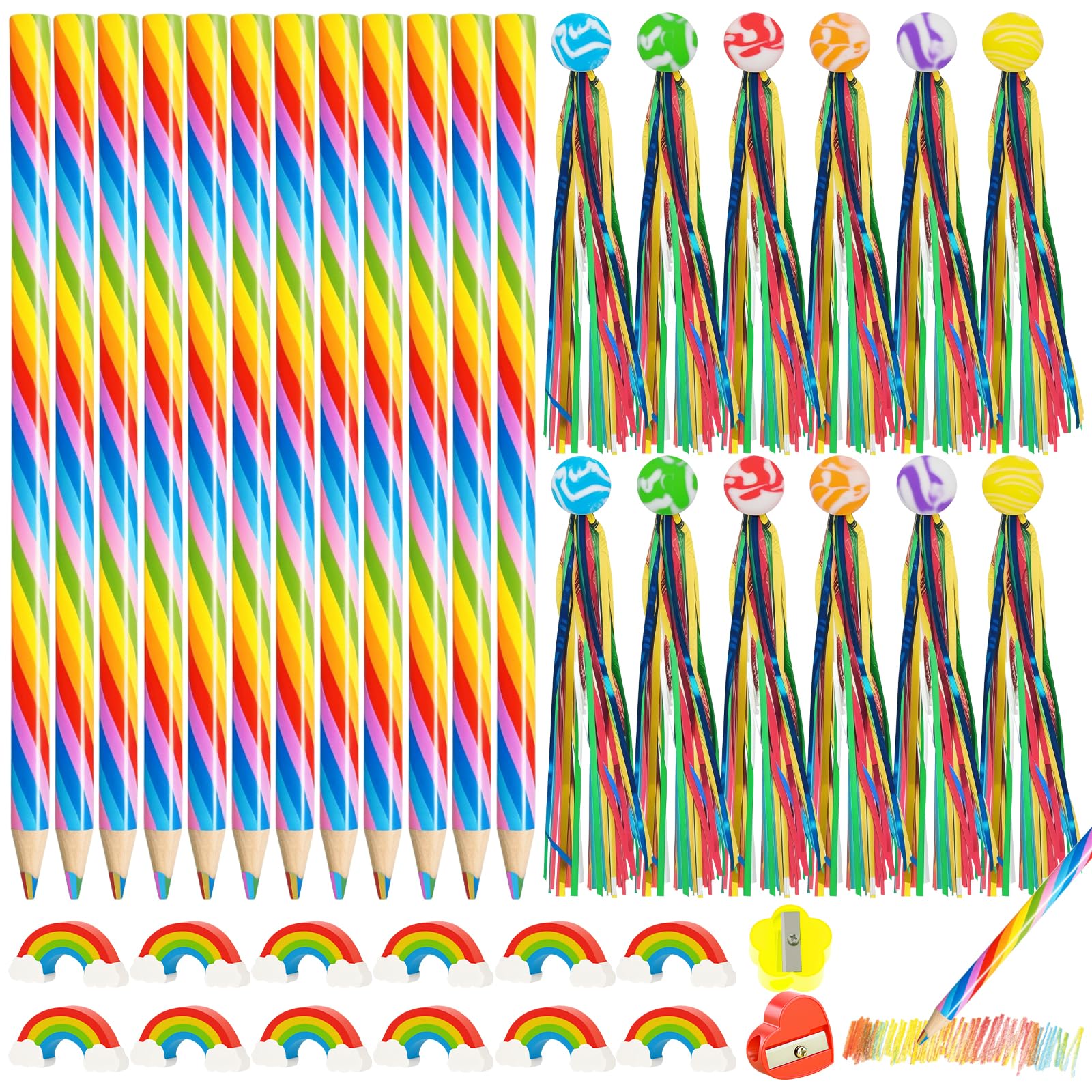 SRunDe Juego de Lápices de Colores 12 lapices arcoiris niños 7 en 1 12 gomas de borrar arcoiris 12 Pelotas Saltarinas para Niños 2 Sacapuntas Simple Regalos de cumpleaños para niños Dibujo Colorear