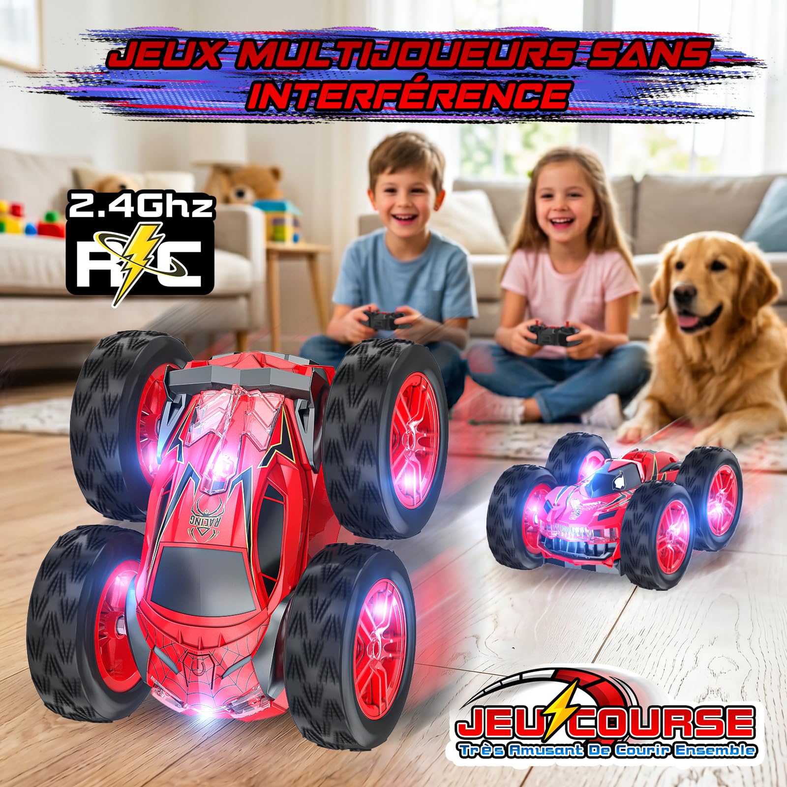 Voiture Télécommandée Spider Jouet, 2.4GHz Voiture Radiocommandée avec LED, Stunt Remote Control Car Jeux Extérieur, 360° Rotation RC Crawlers, Noël Anniversaire Cadeau Garçon Fille Enfant 3+ Ans