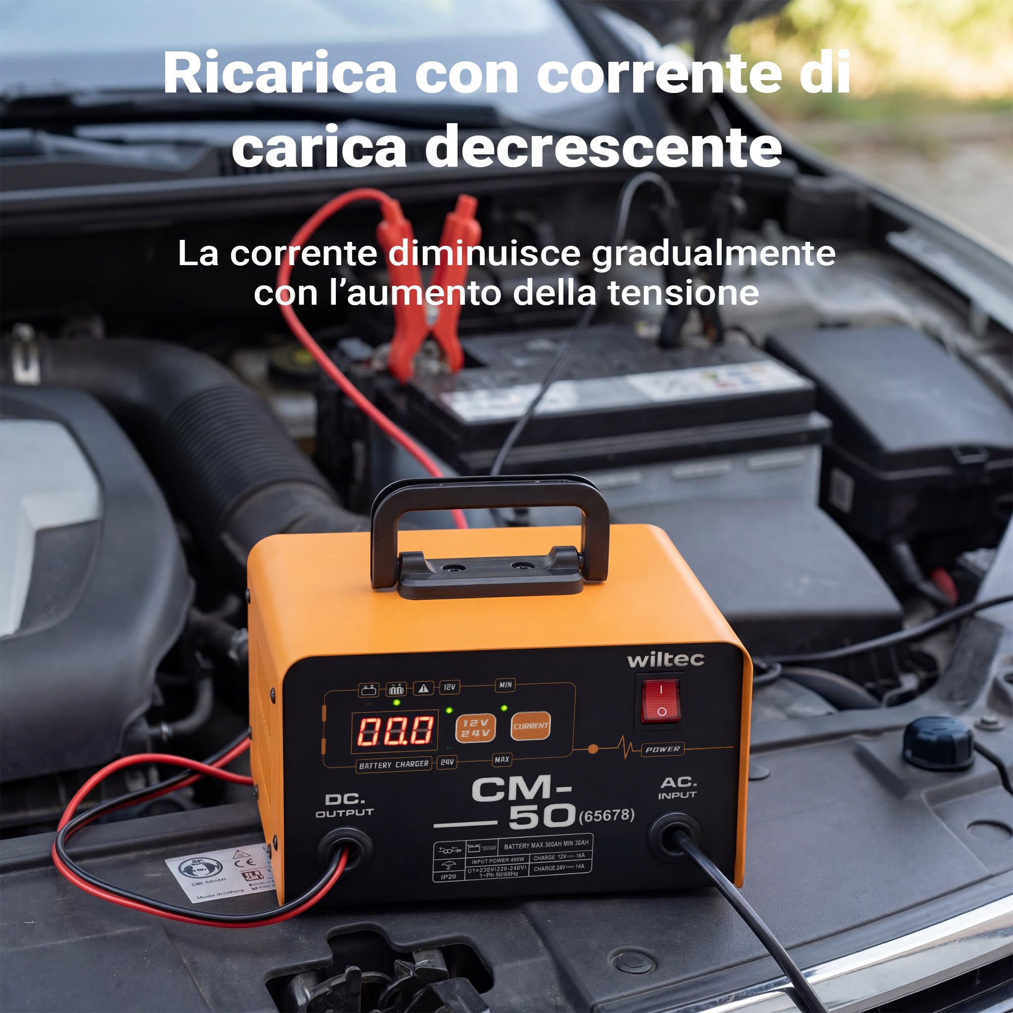 Wiltec Caricabatterie 12-24 V, 16 Ah, 30-300 Ah per batterie auto e moto, avviamento di emergenza 490 W, carica batteria intelligente con display LCD e maniglia per il trasporto