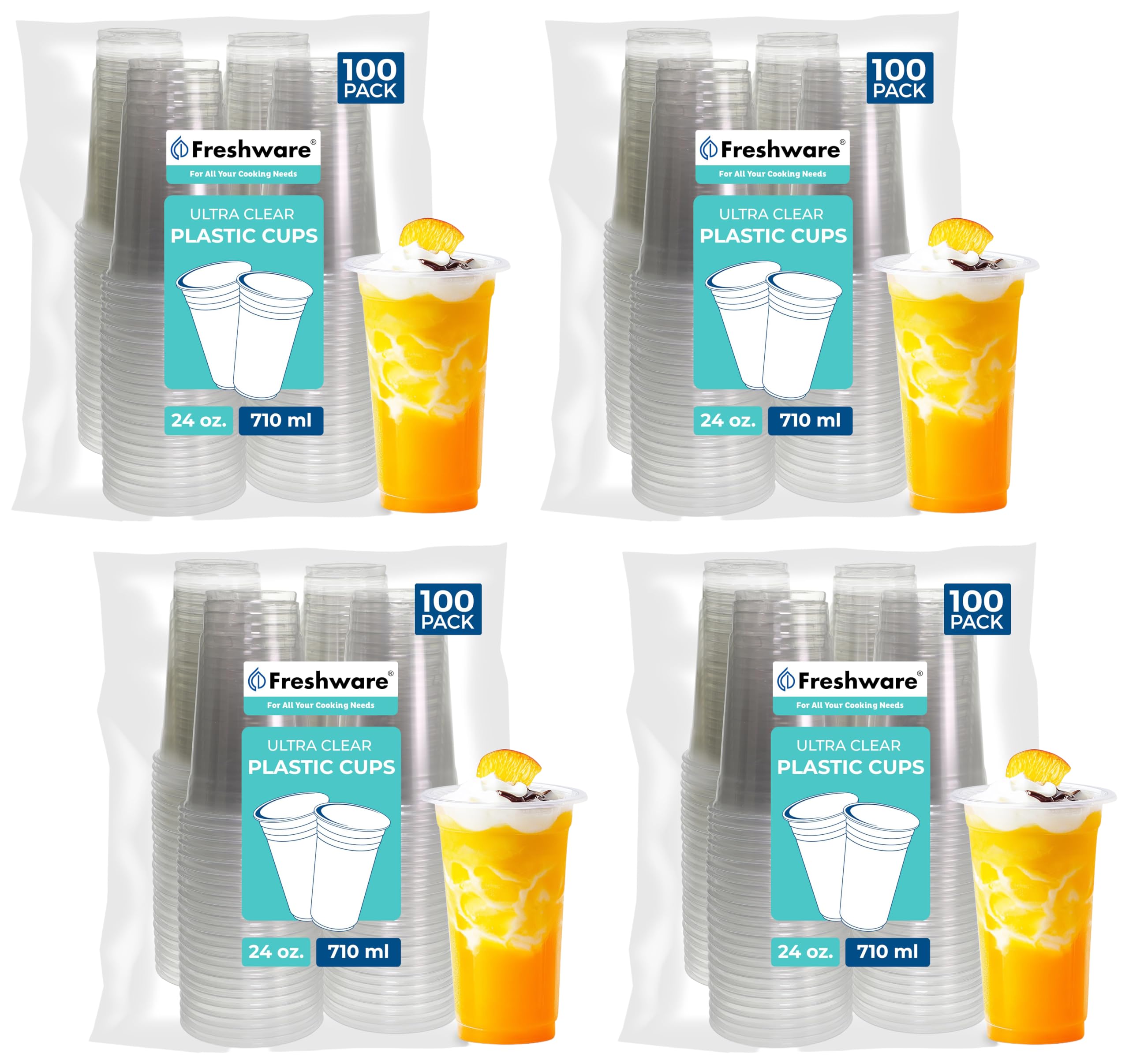 Freshware 24 oz Clear Disposable Plastic Cups, 400 Pack Clear Plastic Cups Tumblers, Heavy-duty Party Glasses, Disposable Cups for Thanksgiving, Halloween, Christmas Party