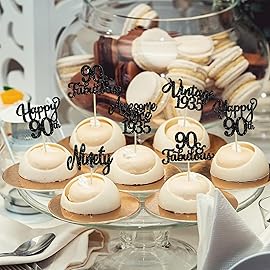 30Pcs Happy 90th Birthday Cupcake Toppers Glitter Awesome Since 1935 Ninety 90 Fabulous Vintage 1935 Cupcake Picks for 90th Birthday Anniversary Retirement Party Cake Decorations Supplies Black