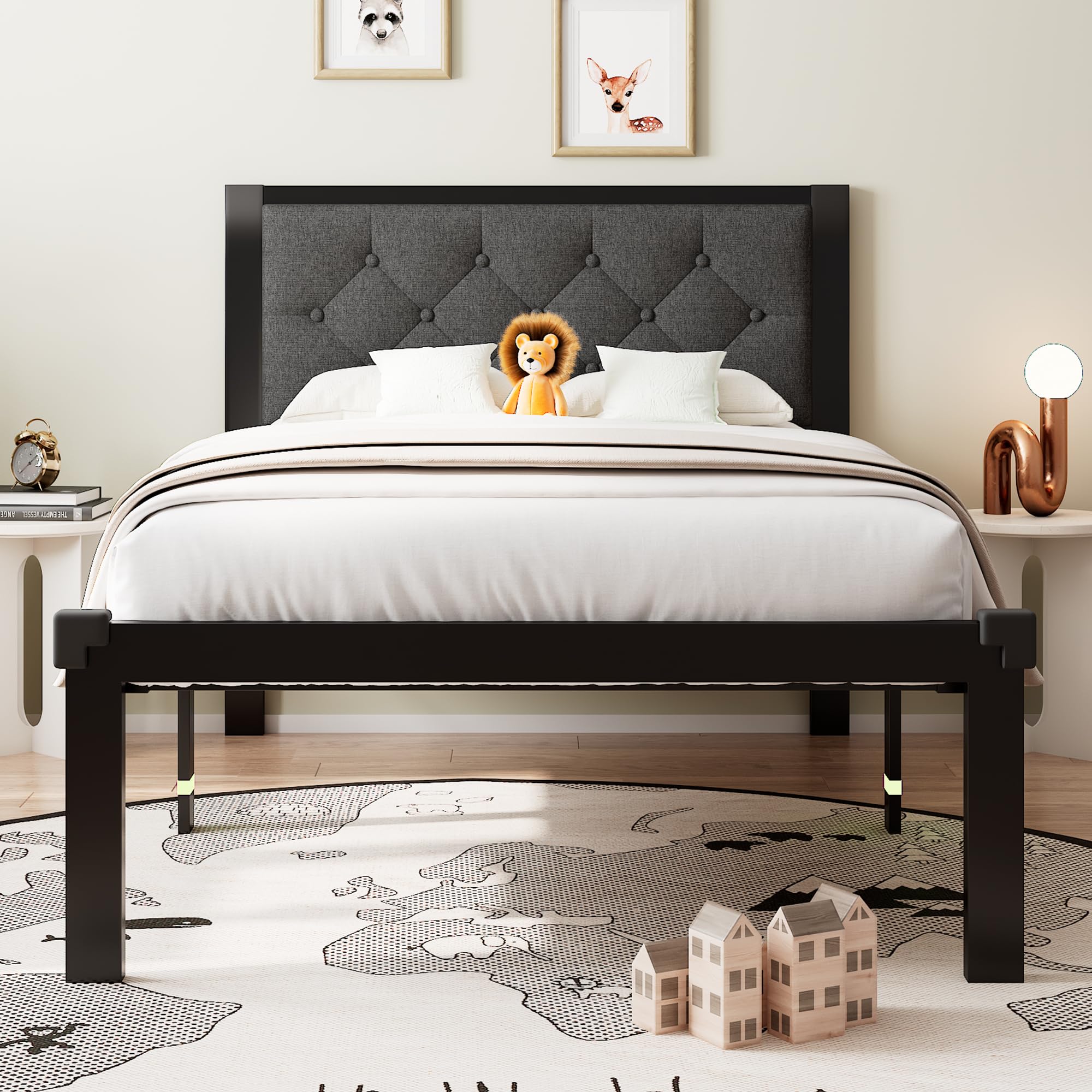 Einhomn Twin Bed Frame, Platform Metal Bed Frame with Button Tufted Linen Upholstered Headboard, Sturdy Steel Slats, 12" Underbed Storage, No Box