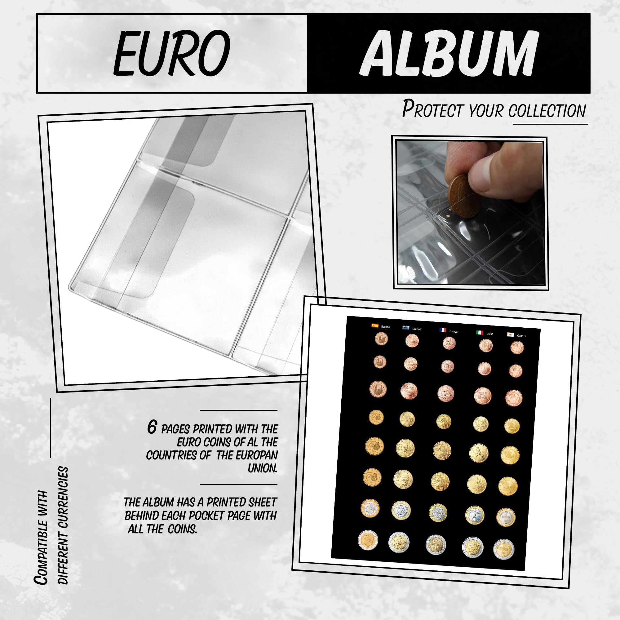 DOJA Barcelona | Album Monnaie Euro | Livre pour Collectionner les Pièces avec Gabarit | 33x27x5cm | 280 Pochettes pour Pièces en Euro | Classeur Numismatique en Similicuir avec Fermeture Éclair