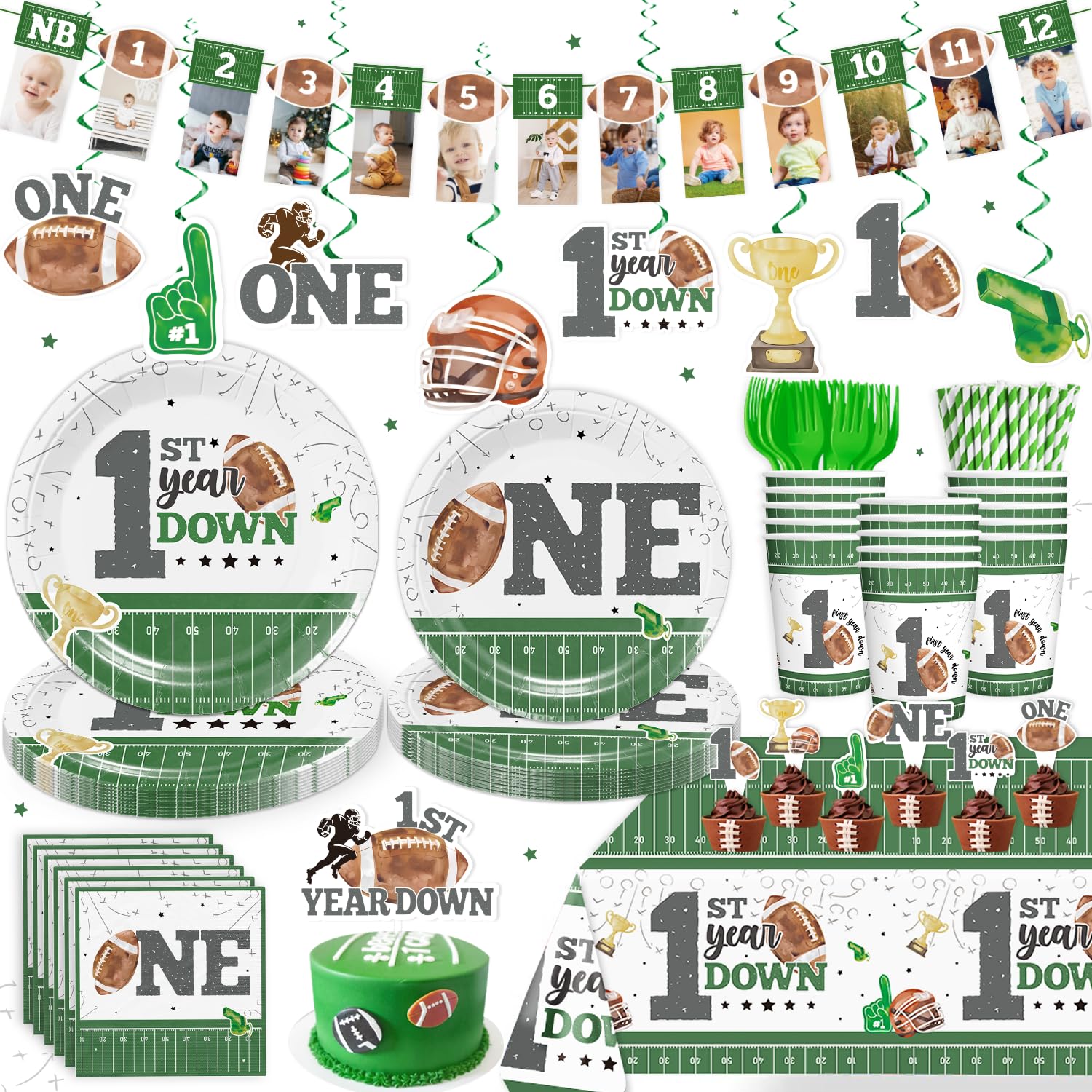 Cocomigo 182 Pieces Football Birthday Party Decorations — Include Banner Thick Football Plates Two Tablecloths Cake Toppers for 25 Guests — First Year Down Birthday Party Decorations for 1 Year Old Boy