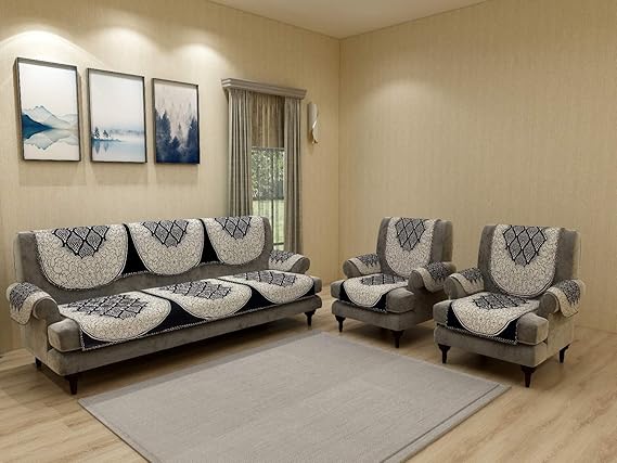 Nendle Cotton Fabric Abstract 5 Seater Sofa and Chair Cover with 6 Pieces Arms Cover (Black, 12 Pieces Set )