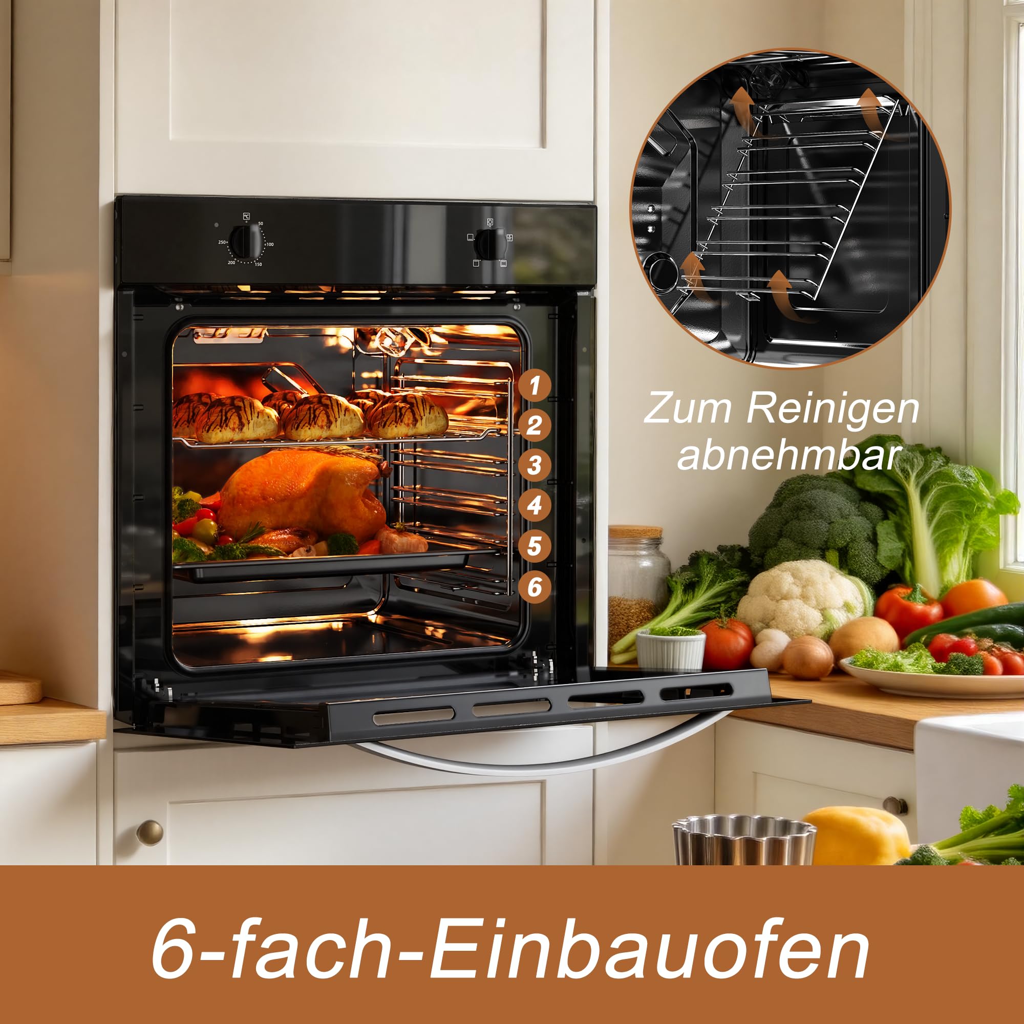 Karinear Einbaubackofen 60 cm 65L mit Stecker, 4 Programme, 2000W, Schwarz | 65L Einbaubackofen mit Stecker, 4 Programmen, 2000W Schnellheizung und einfacher Knopfsteuerung, 50–250°C Temperatur