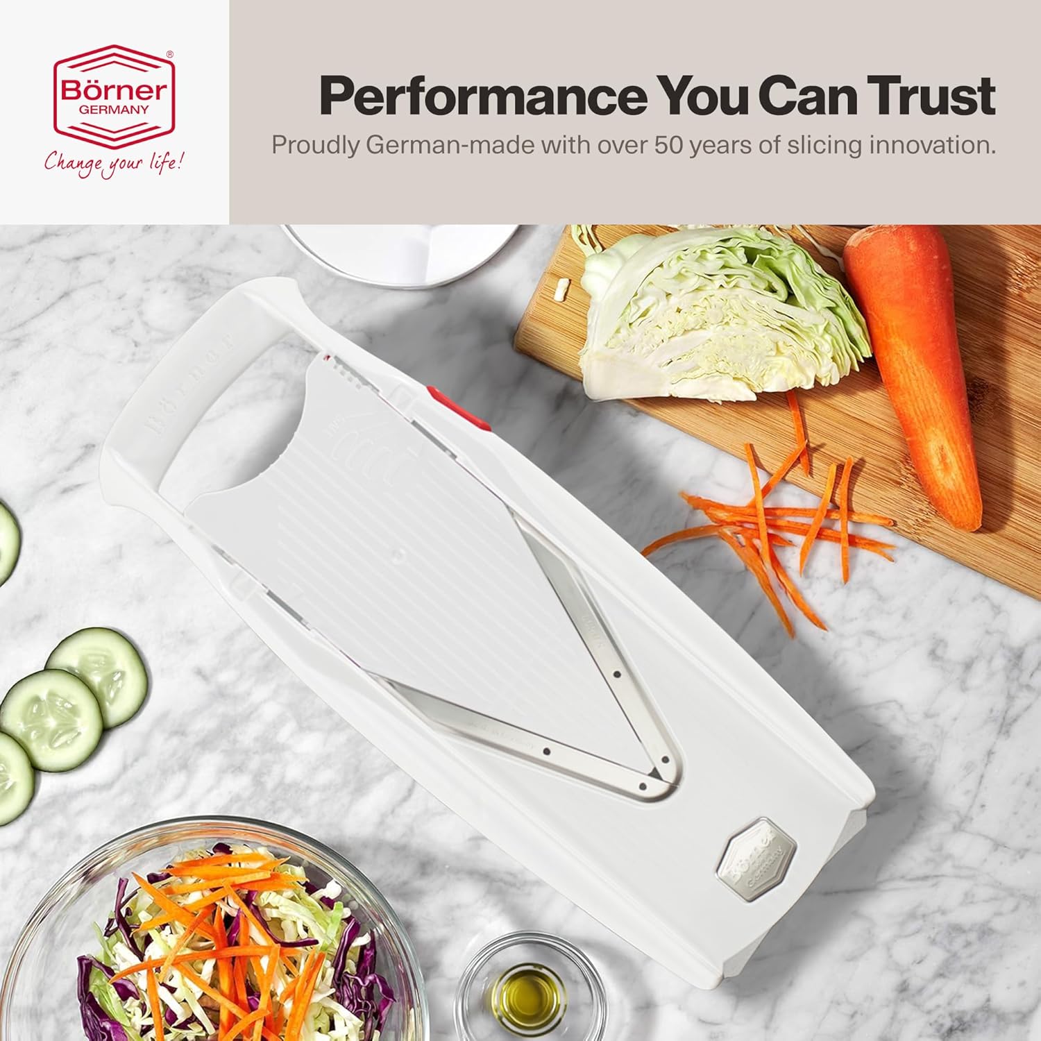 Swissmar Börner VPower V-Slicer Mandoline – Professional Kitchen Tool with Adjustable Thickness – Precision Food Slicer for Vegetables, Julienne, Shredding – Includes Safety Holder & Inserts - White