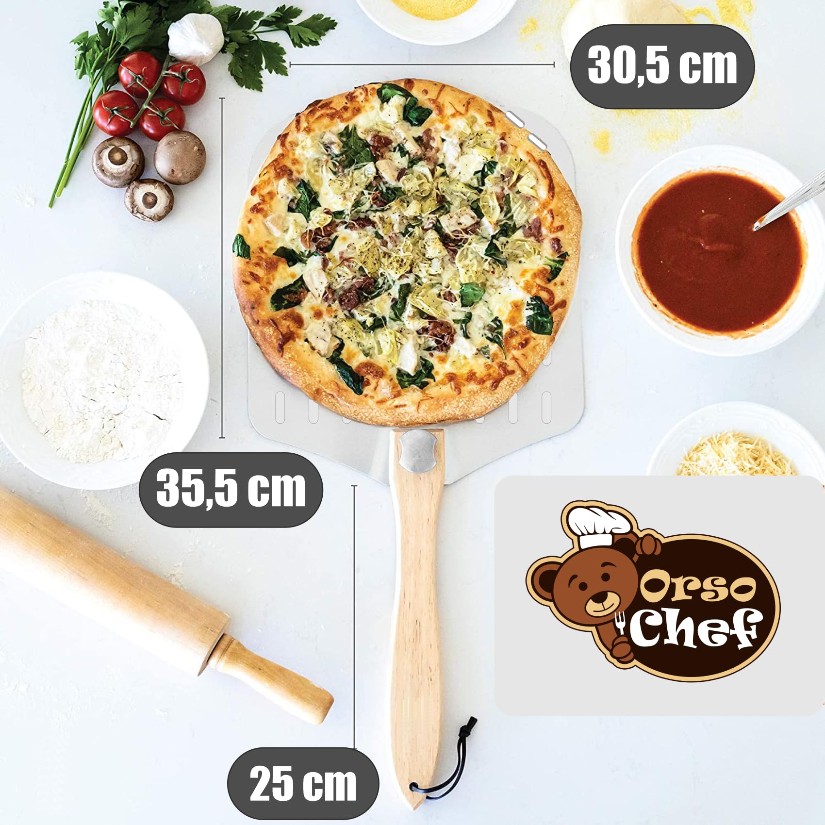 Antech Pala para Pizza Perforada de Aluminio Maxi con Mango Plegable – Perforación Profesional para Horneado Perfecto – Hasta 4 kg – Ideal para Hornos Caseros, Pizzerías y Panaderías