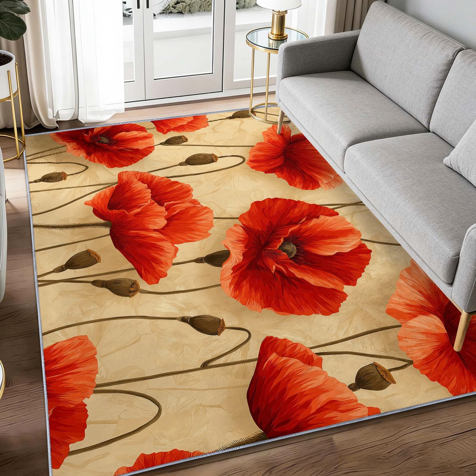 Nadaje się do prania, dywan do salonu, 160 x 230 cm, antypoślizgowy, kremowy, miękki, z krótkim włosiem, elegancki dywan na rośliny, kwiaty, maki, mata do sypialni, jadalni, domu, biura, pokoju