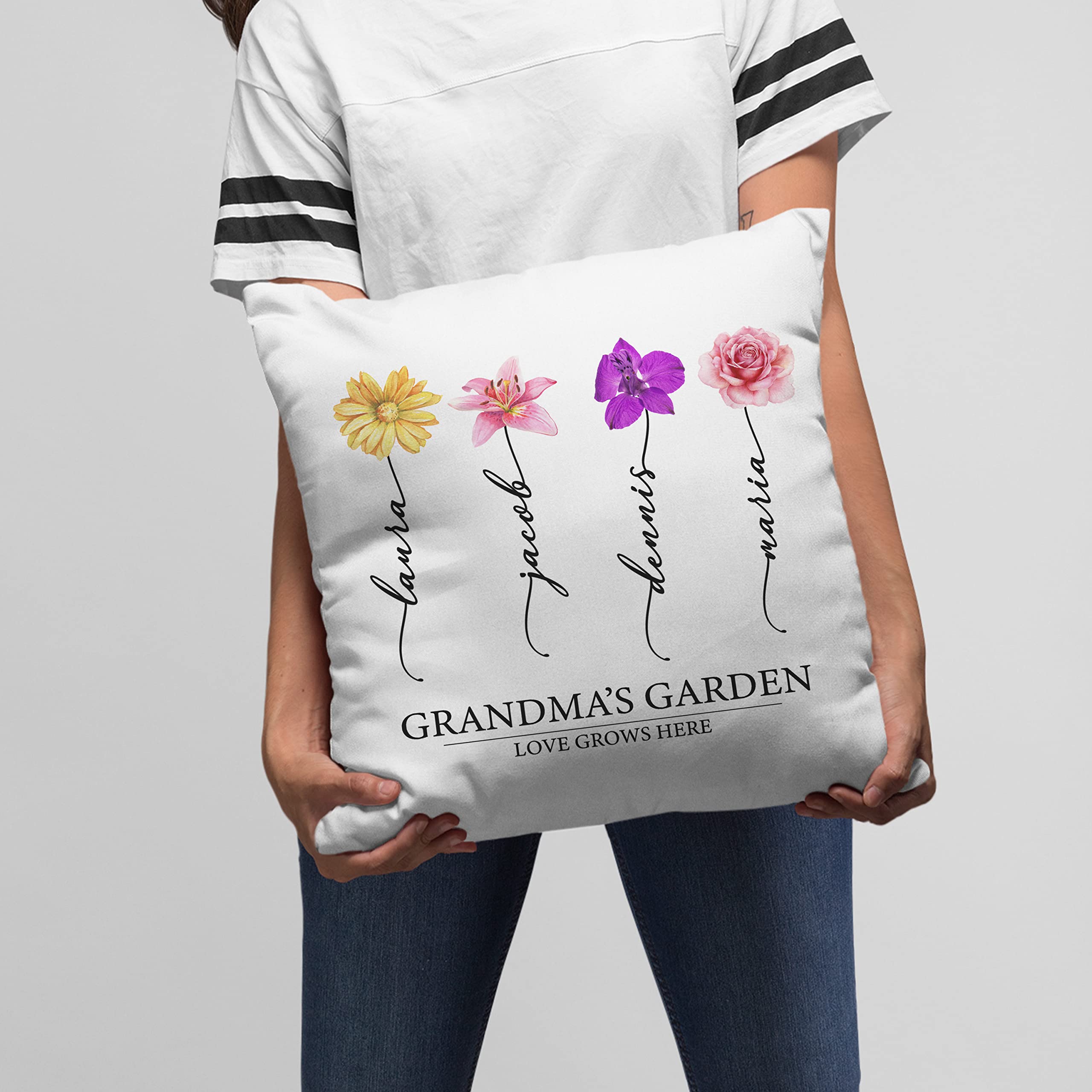 Lily's Atelier Gifts for Grandma, Custom Grandma's Garden Pillow Case, Personalized 16X16 Nana Pillow Case w/Grandkid Names & Birthflowers -Up to 6 Grandkids- Garden Pillow with Grandkids, 1 Flower