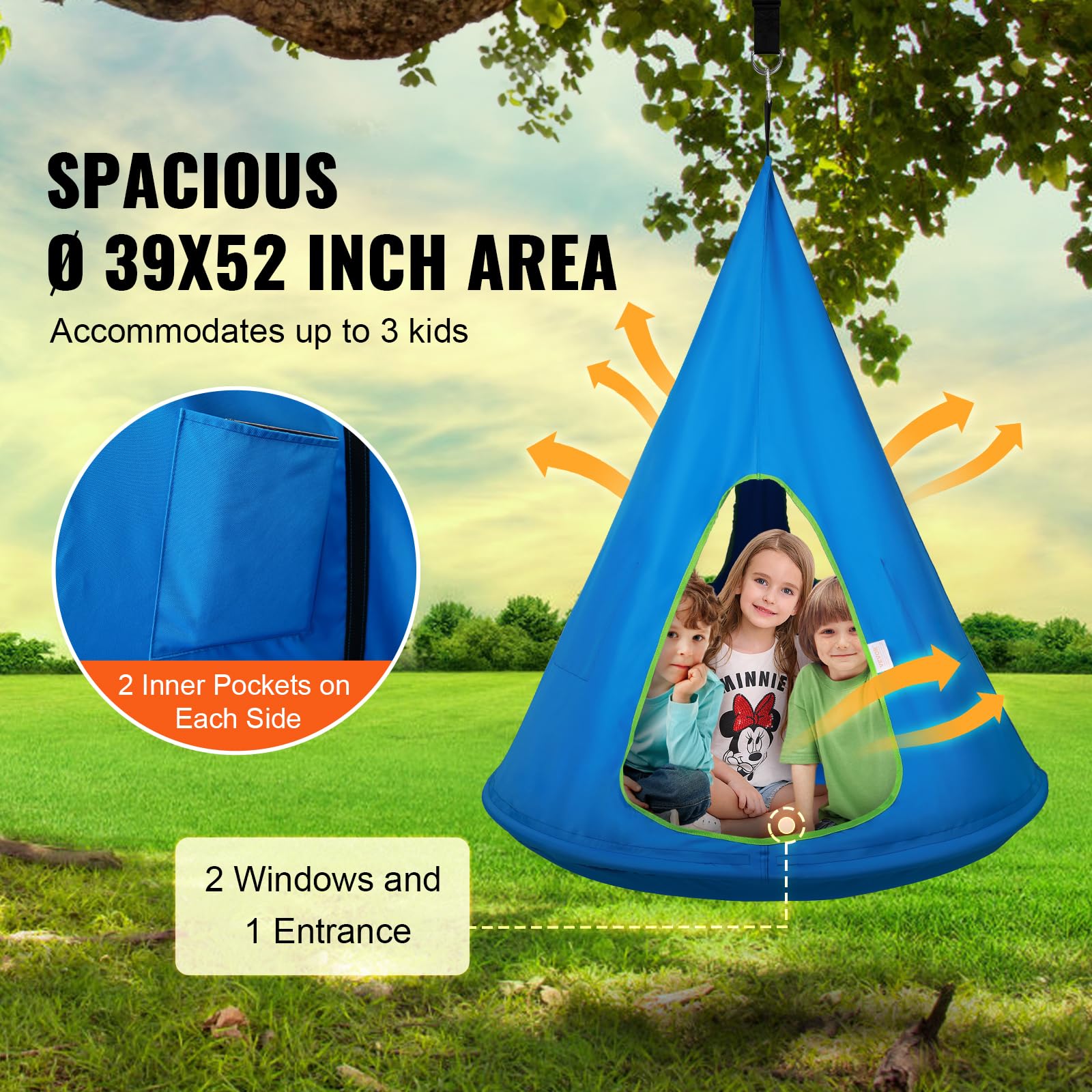 VEVOR Nid Hamac d'enfants 100x132 cm Chaise Balançoire Suspendu Intérieur Extérieur Capacité de Charge 113 kg avec Corde Réglable Installation Simple pour Salon, Chambre, Pelouse, Jardin, Bois, Bleu